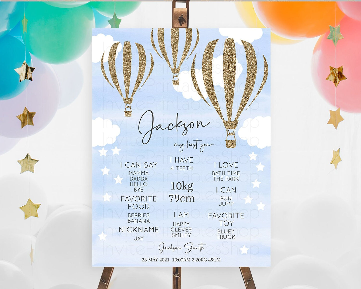 Hot Air Balloon First Birthday Milestone Poster Hot Air Balloon Milestone Board Adventure Awaits Blue Watercolor 1st Birthday Boy D10333