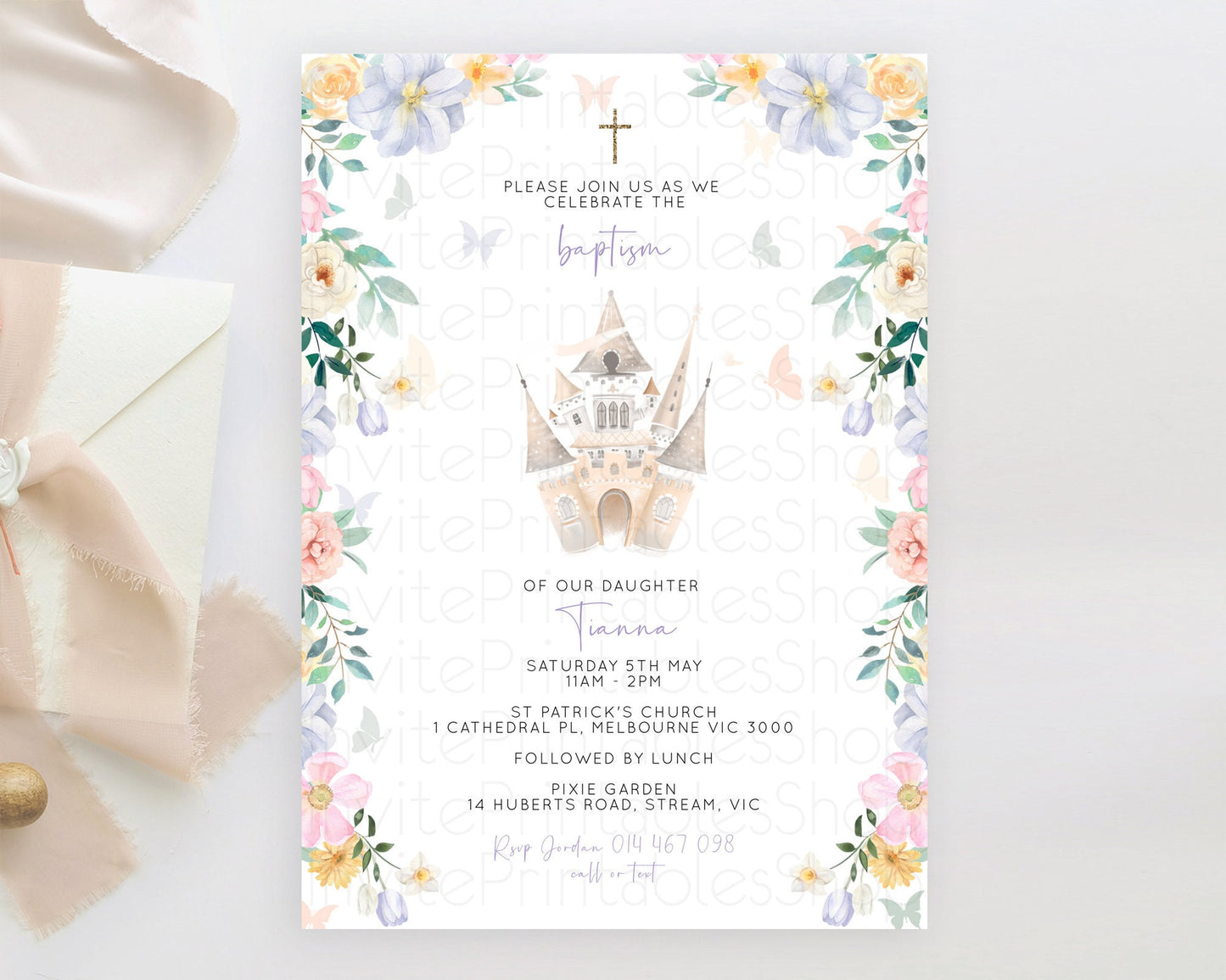 Princess Baptism Invitation Enchanted Castle Baptism 1st Birthday Invitation Royal Party Pastel Floral Secret Garden Christening D10473