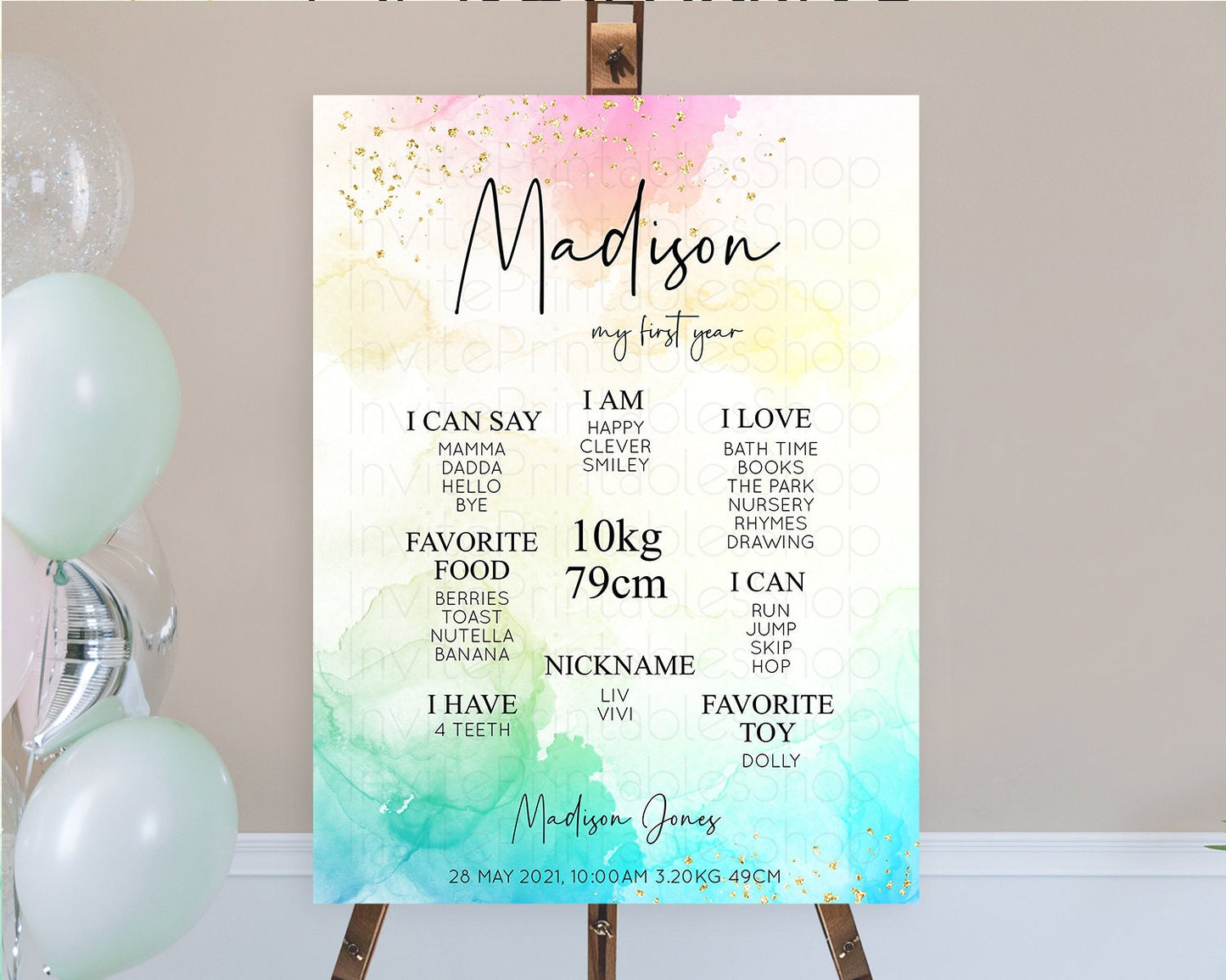 Pastel First Birthday Milestone Board Pastel Rainbow Milestone Poster Colorful Confetti Watercolor Glitter 1st Birthday Welcome Sign D10151