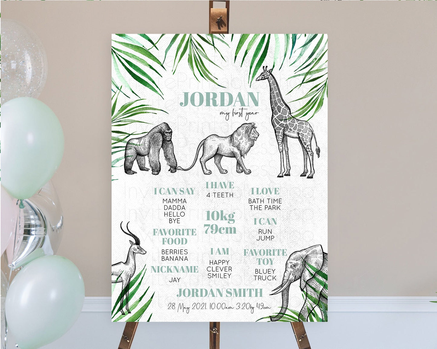 Safari First Birthday Milestone Poster Lion Gorilla Elephant Rhino Tropical Palm Jungle Zoo Party Animal 1st Birthday Welcome Sign D10853