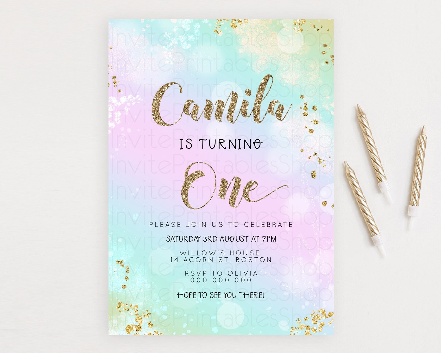 Editable Rainbow Birthday Invitation Colorful Pastel Watercolor Invitation G
