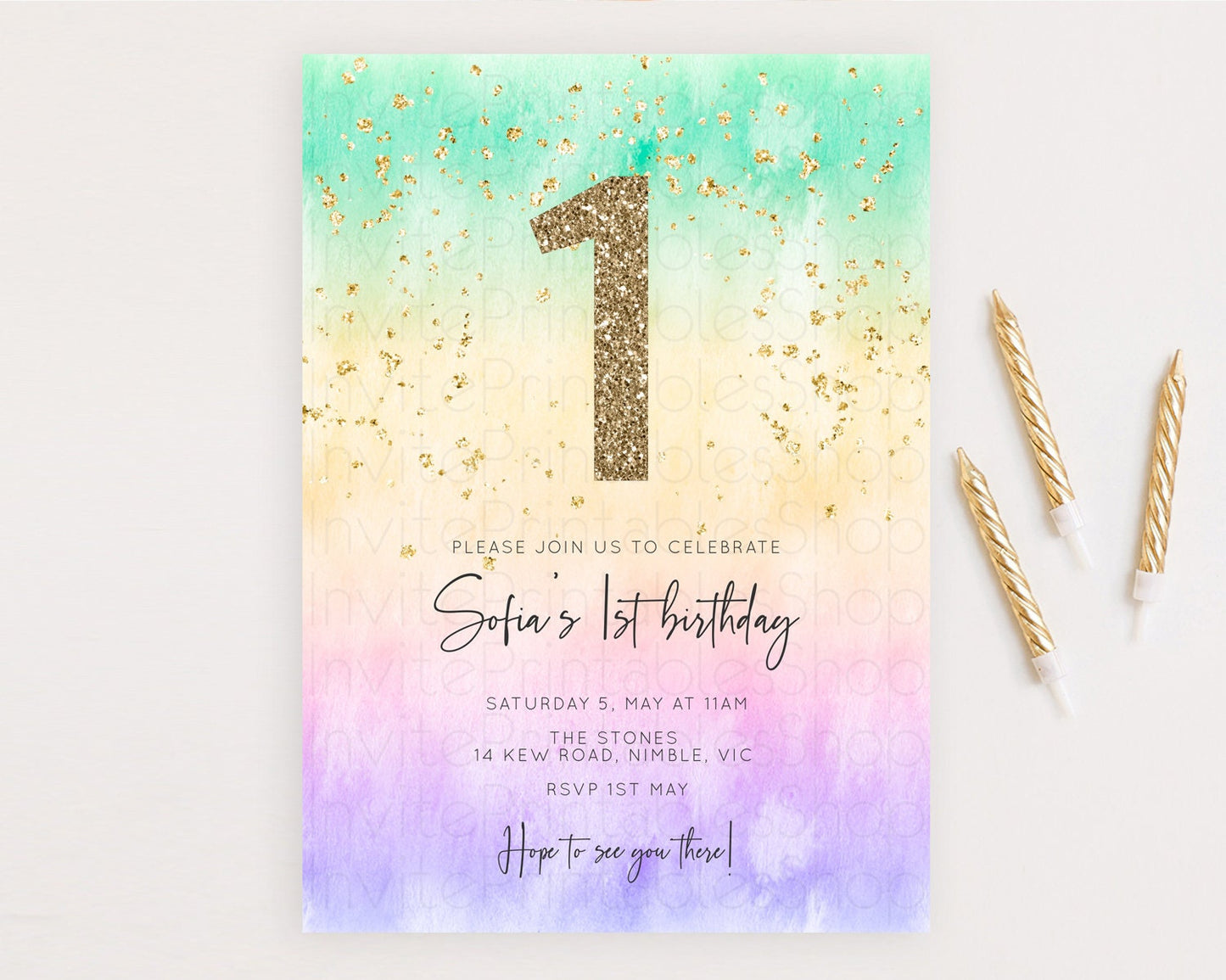 Rainbow Birthday Invitation Colorful Pastel Watercolor Invitation Gold Glitter Sprinkles Ombre Pastel 1st 2nd 3rd Birthday D10485