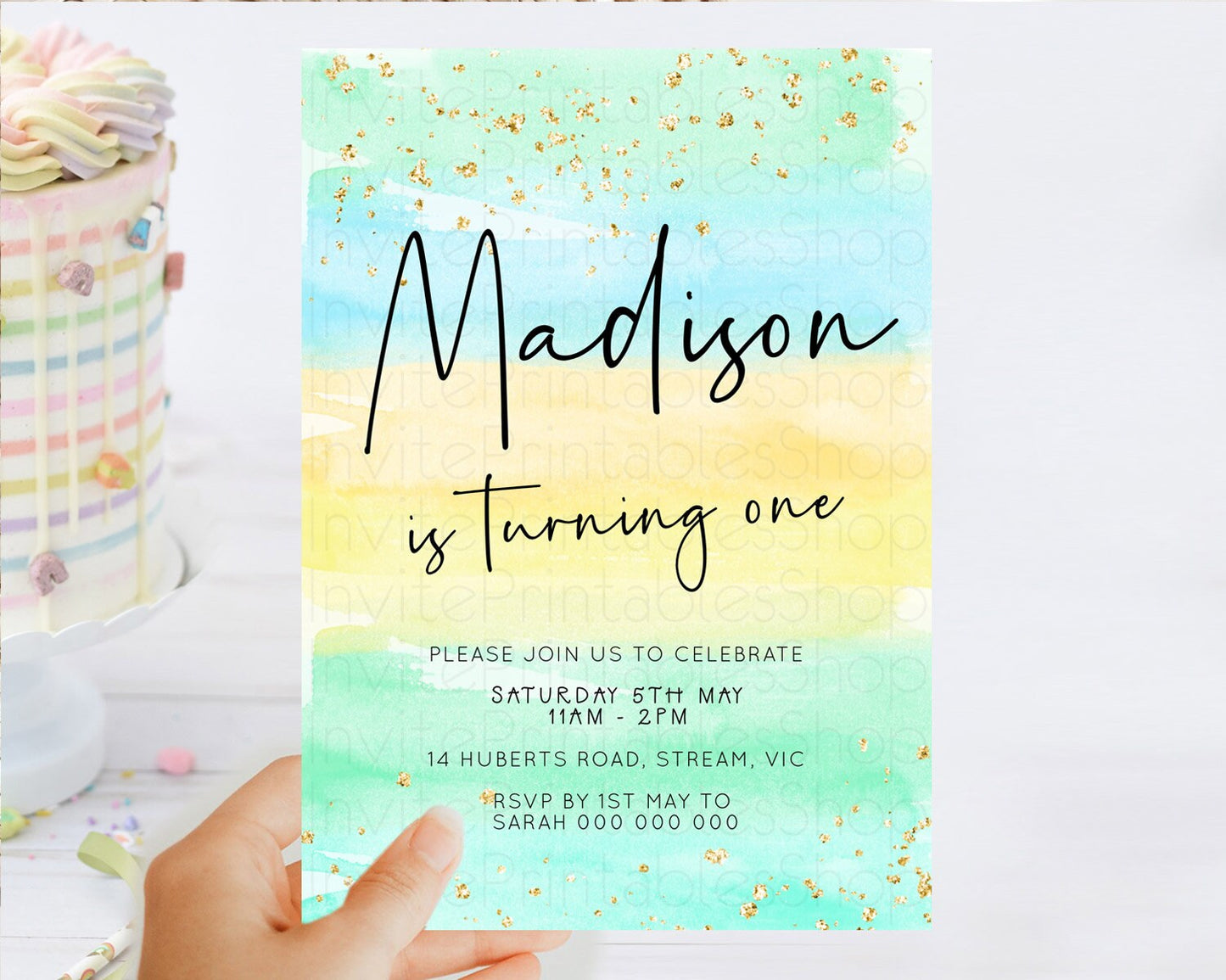Pastel Birthday Invitation Ombre Watercolor Birthday Invitation Glitter Rainbow Color Splash 1st 2nd 3rd Birthday Invitation D23038