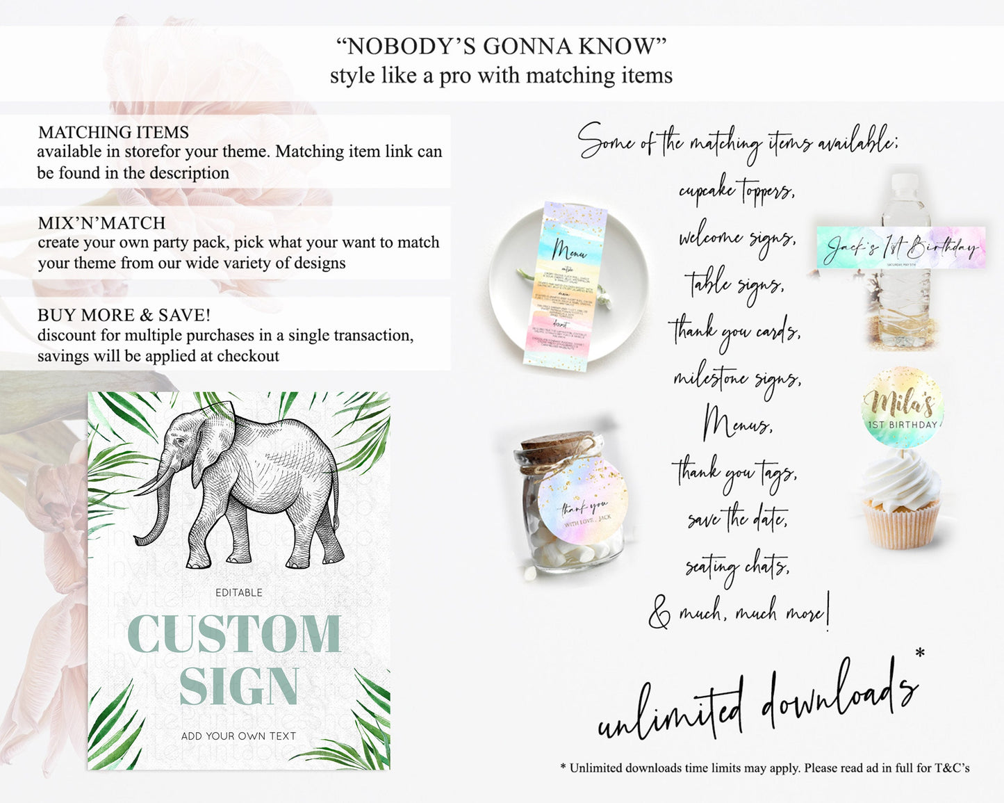 Elephant Sign Elephant Safari Adventure Party Table Sign Decor Dried Palm Fern Zoo 1st Birthday Baptism Baby Shower Bridal Shower D10850