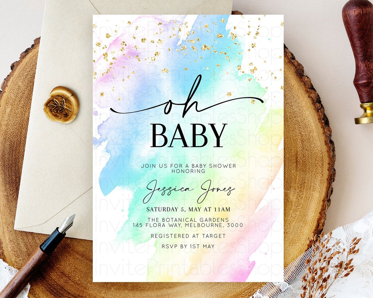 Pastel Baby Shower Invitation Rainbow Baby Shower Invitation Colorful Pastel Watercolor Invitation Gold Glitter Sprinkles Ombre D10640