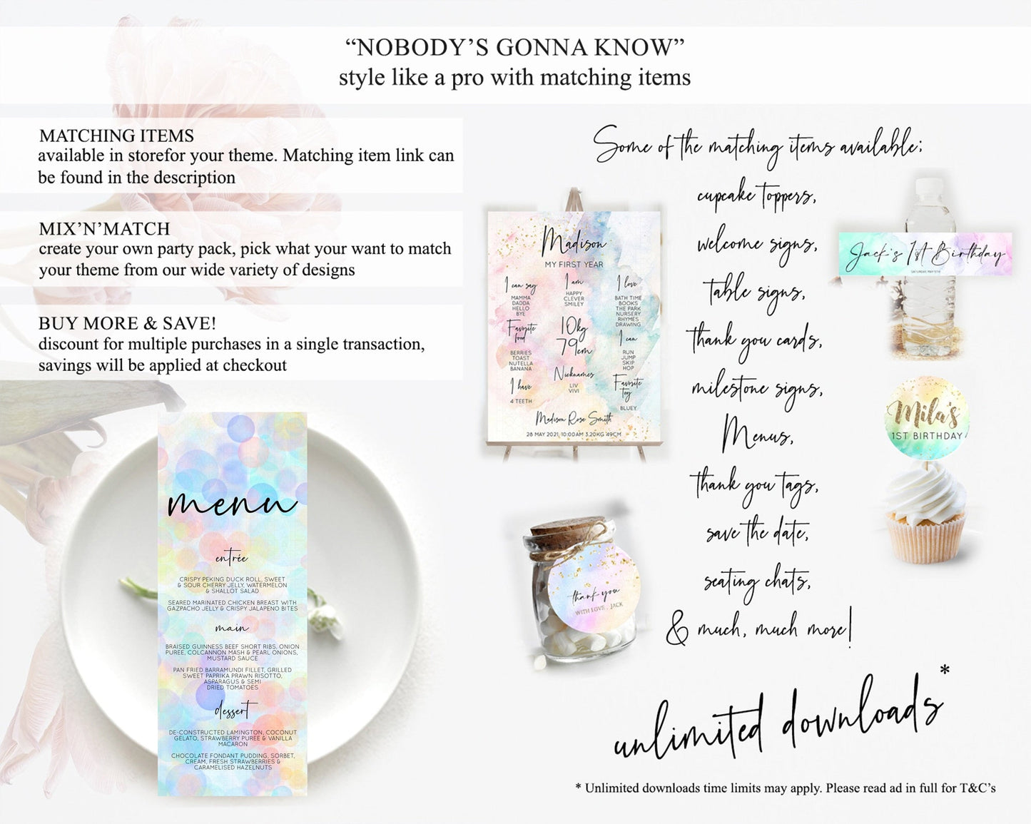 Pastel Menu Bubbles Menu Template Bubble Bath Table Decor Rainbow Pastel Colorful Confetti Dinner Dessert Menu Party Food Menu D10445