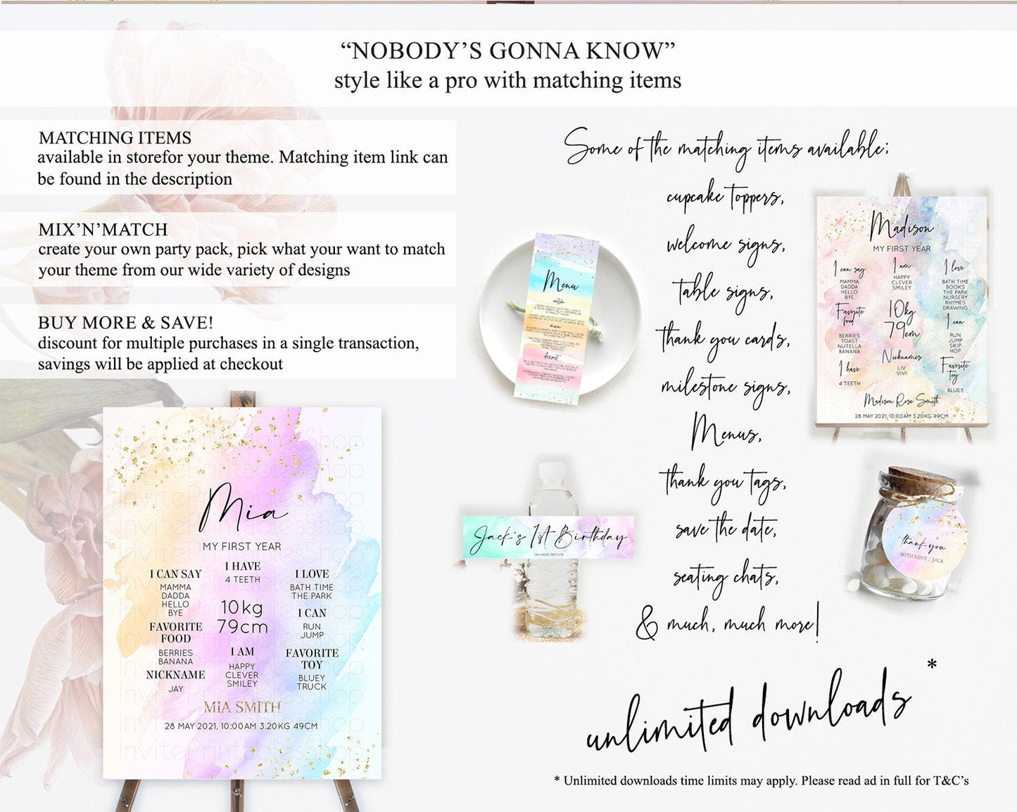 Pastel First Birthday Milestone Board Pastel Rainbow Milestone Poster Colorful Confetti Watercolor Glitter 1st Birthday Welcome Sign D10175
