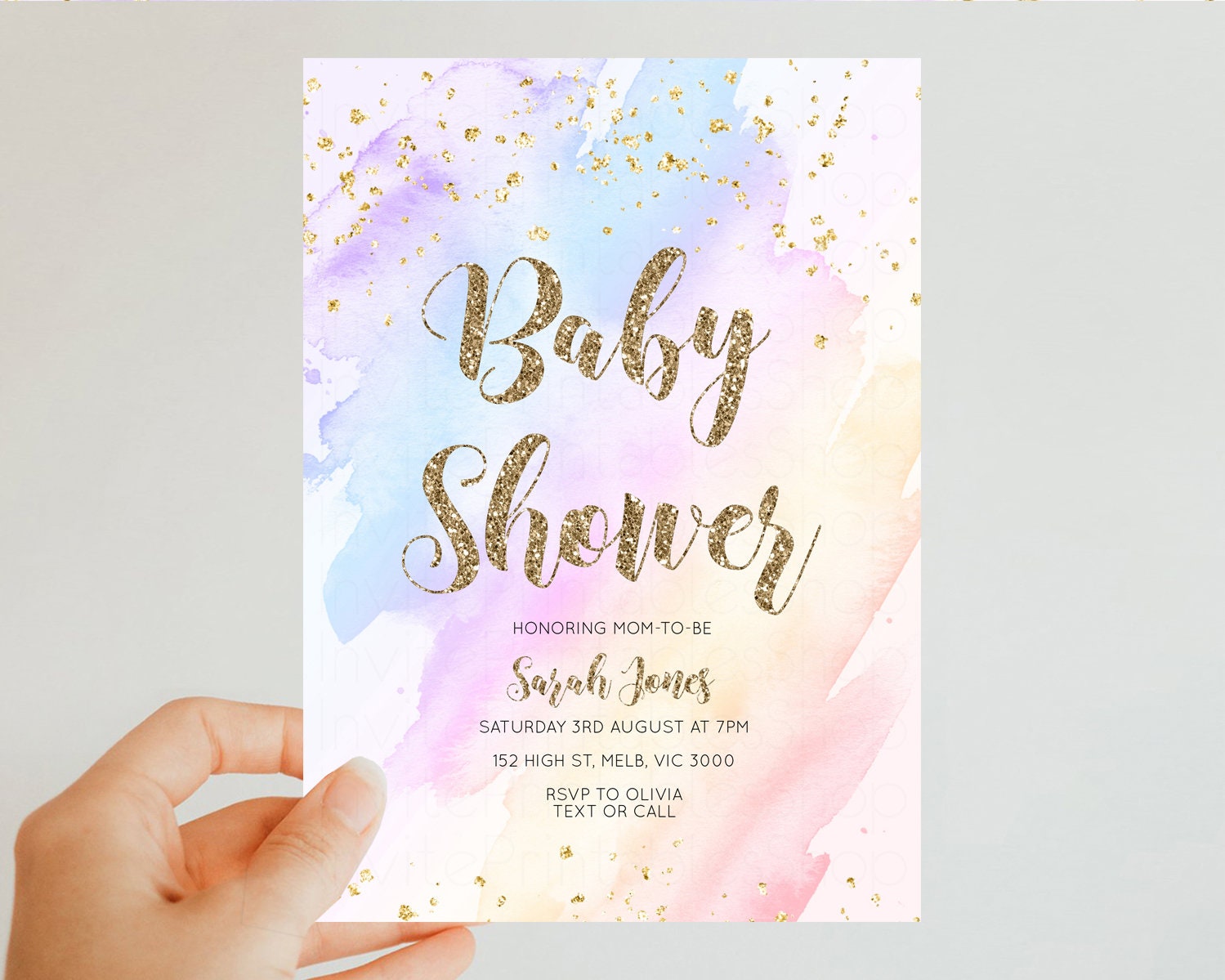 Editable Rainbow Baby Shower Invitation Pastel Baby Shower Invitation Waterc