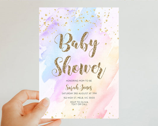 Editable Rainbow Baby Shower Invitation Pastel Baby Shower Invitation Waterc