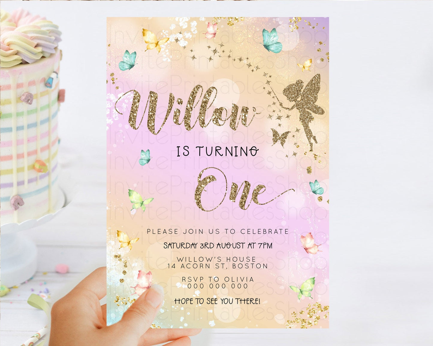 Pastel Fairy Birthday Invitation Pastel Butterflies Fairy Birthday Invitation Rainbow Ombre Watercolor 1st 2nd Birthday Invitation D23158