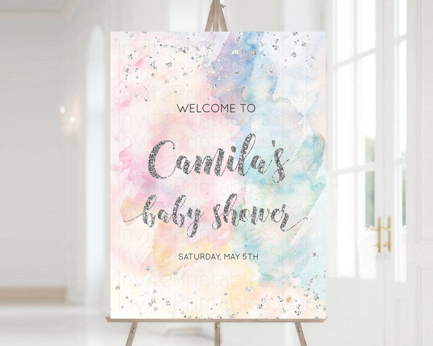 Pastel Rainbow Baby Shower Welcome Sign Pastel Welcome Board Pastel Colorful Party Poster Confetti Watercolor Silver Welcome Sign D10944