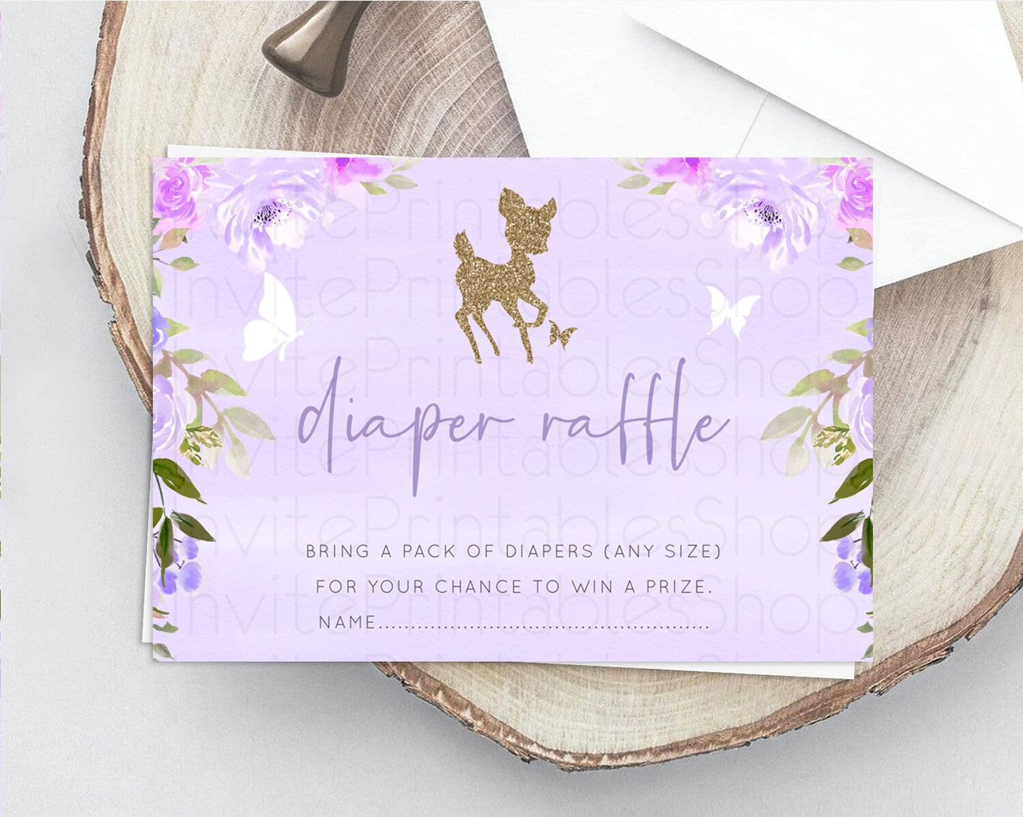 Fawn Diaper Raffle Card Deer Diaper Insert Floral Deer Diaper Ticket Enchanted Forest Butterfly Pastel Baby Shower Raffle Game D10963