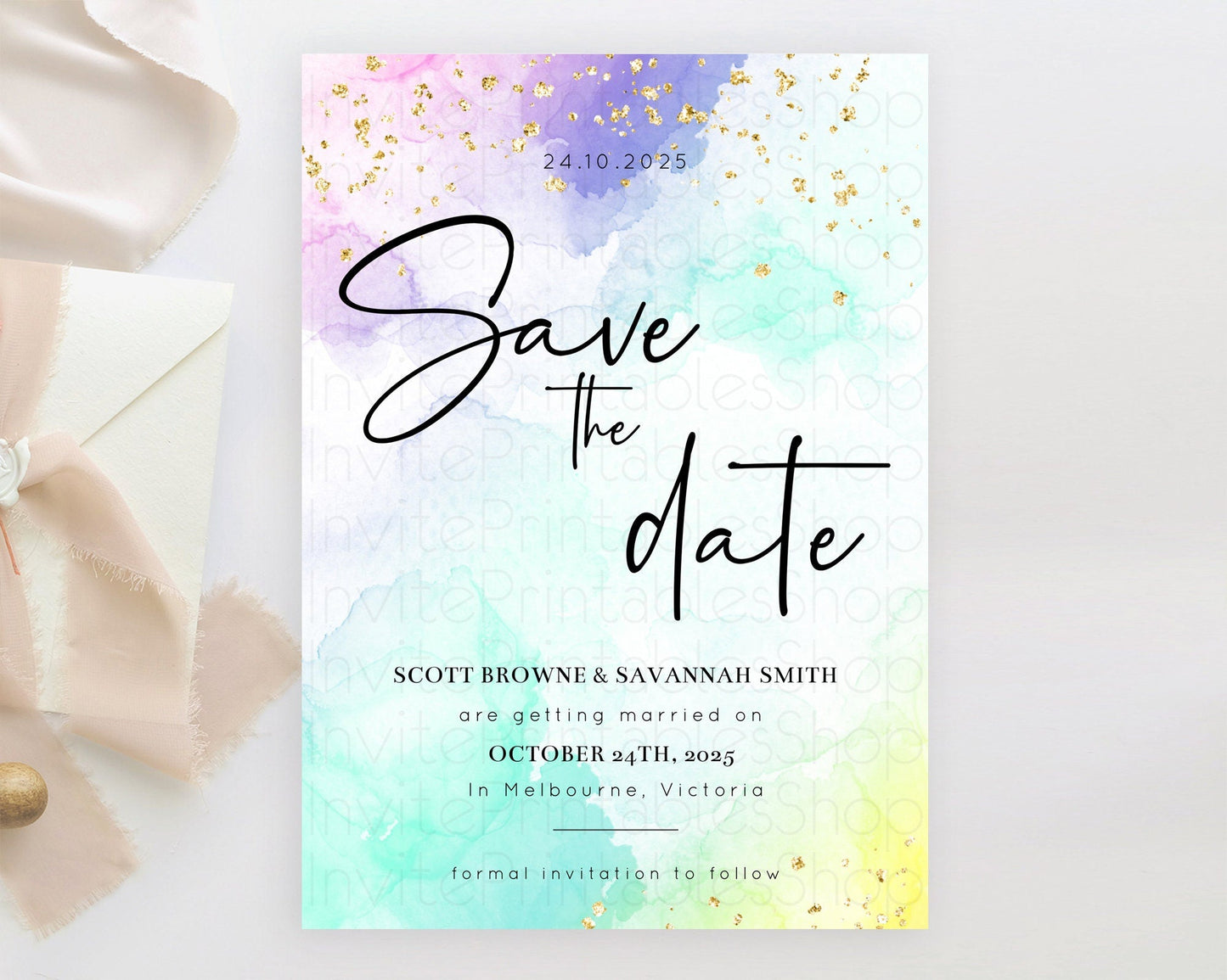 Pastel Save The Date Template Pastel Ombre Rainbow Watercolor Colorful Party For Birthday Baptism Baby Shower Wedding Bridal Shower D10158