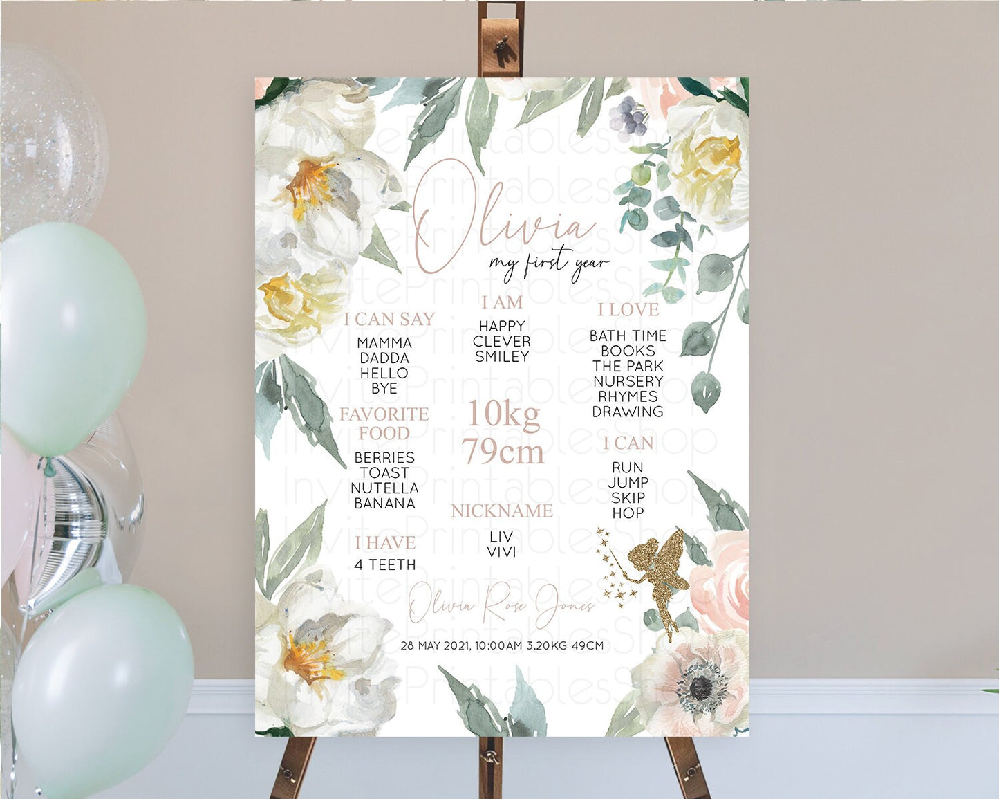 Fairy First Birthday Milestone Poster Fairy Secret Garden Milestone Board Enchanted Garden Pastel Floral Butterfly 1st Birthday Sign D10800