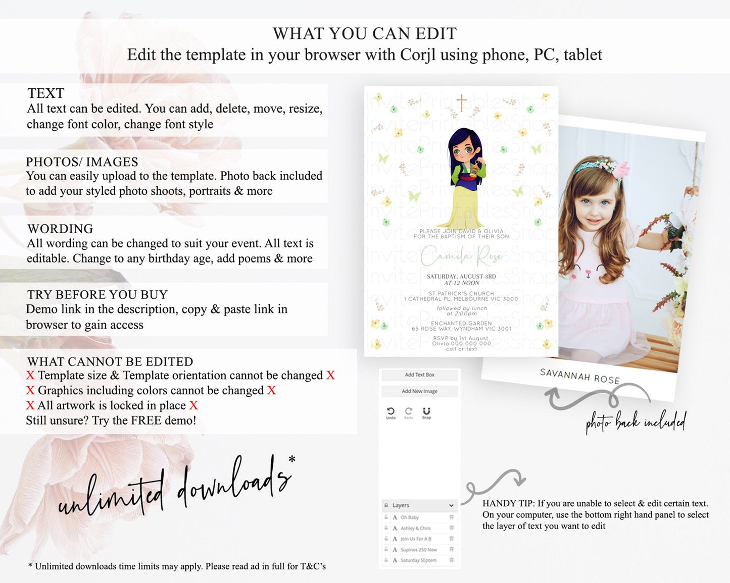 Princess Baptism Invitation Enchanted Castle Baptism 1st Birthday Invitation Royal Party Pastel Floral Secret Garden Christening D10350