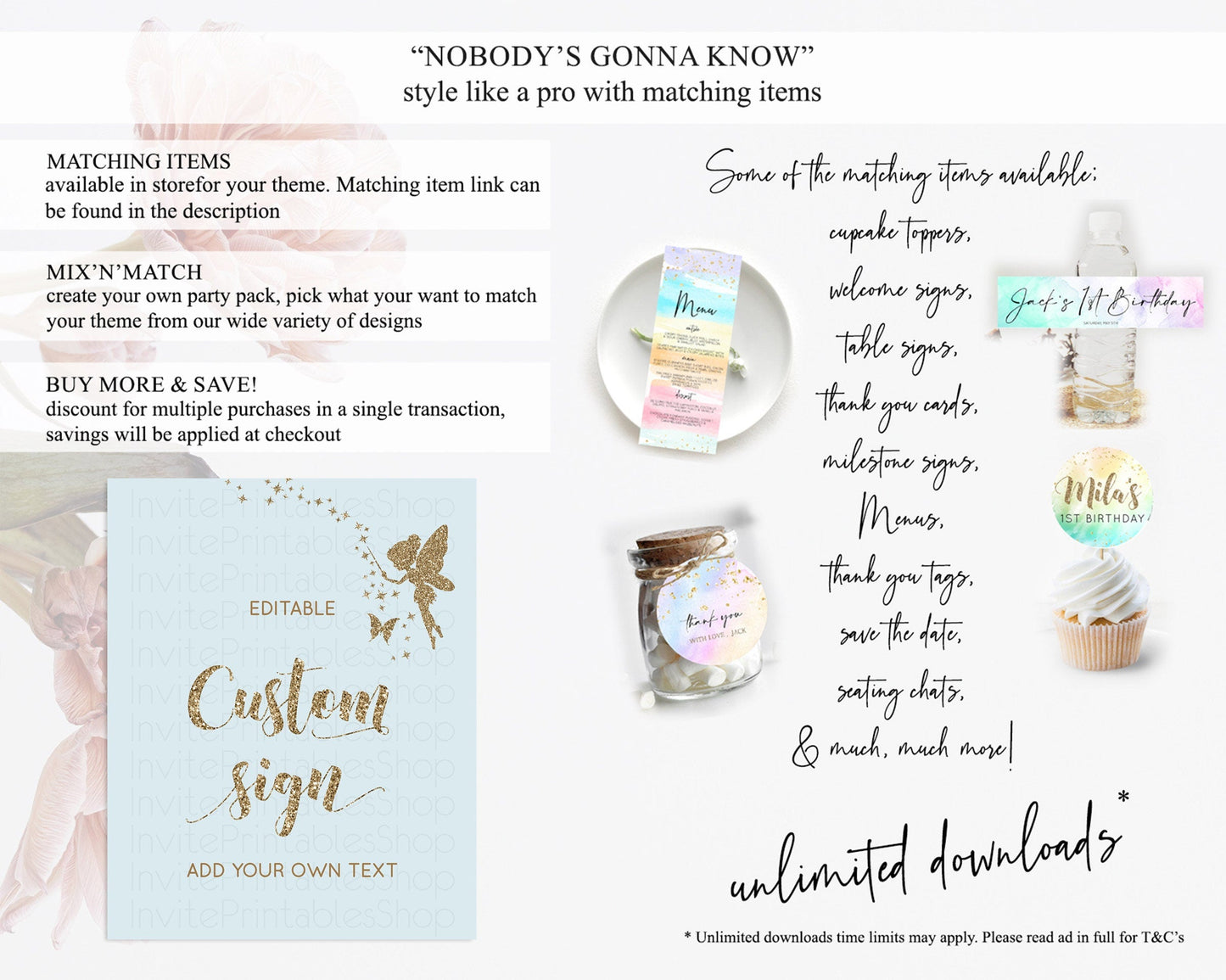 Fairy Sign Enchanted Garden Table Sign Decor Pastel Floral Butterfly Party Secret Garden Birthday Baptism Baby Shower Bridal Shower D10907