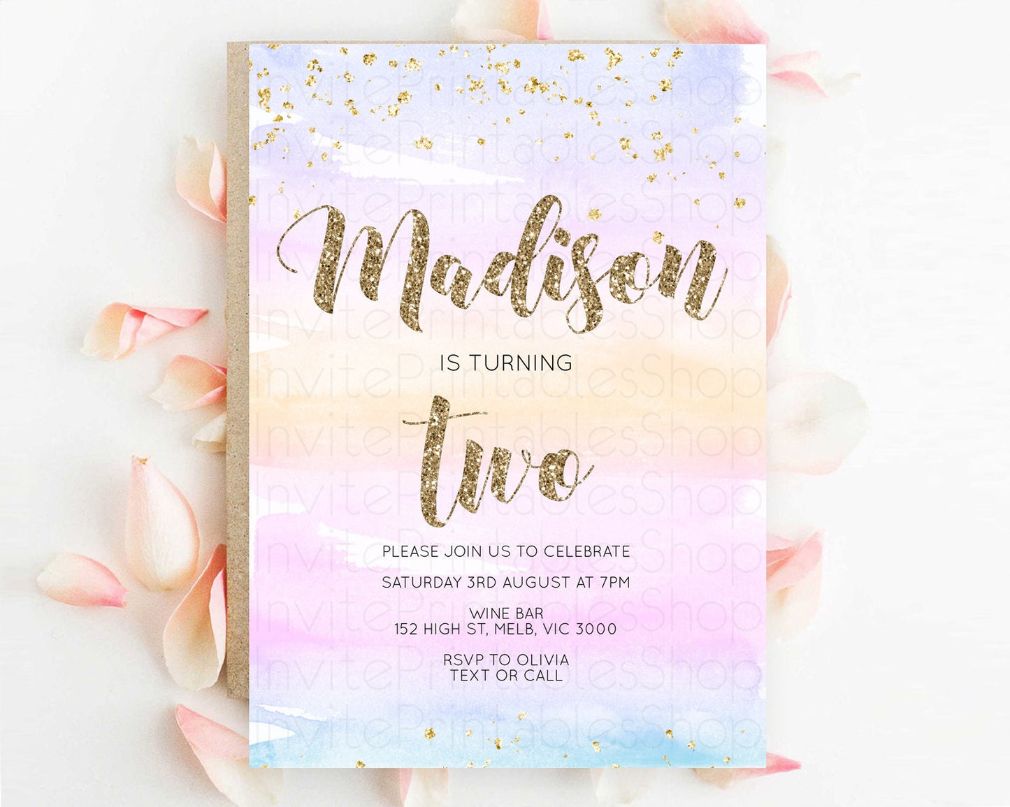 Rainbow Birthday Invitation Colorful Pastel Watercolor Invitation Gold Glitter Sprinkles Ombre Pastel 1st 2nd 3rd Birthday D10595