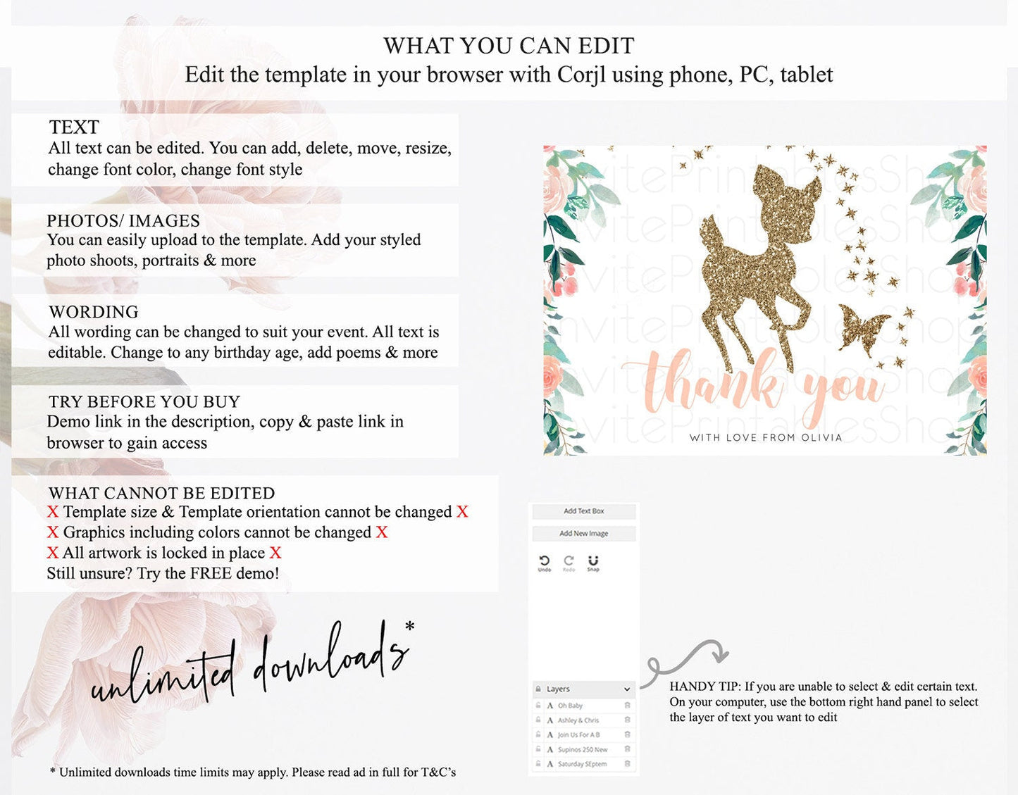 Fawn Thank You Deer Thank You Card Pastel Floral Deer Birthday Thank You Card Enchanted Forest Butterfly Deer Teacher Thank You Card D10874