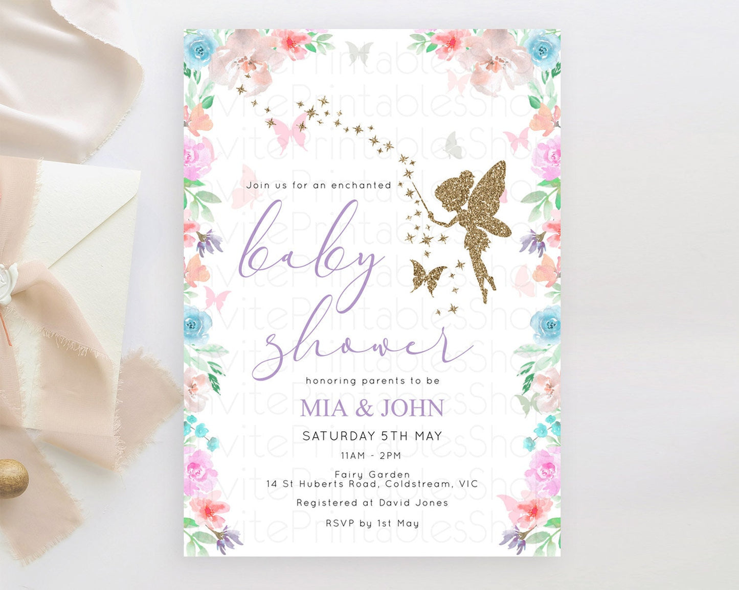 Fairy Baby Shower Invitation Fairy Garden Baby Shower Invitation Enchanted Garden Baby Shower Fairy Glitter Colorful Pastel Floral D10126