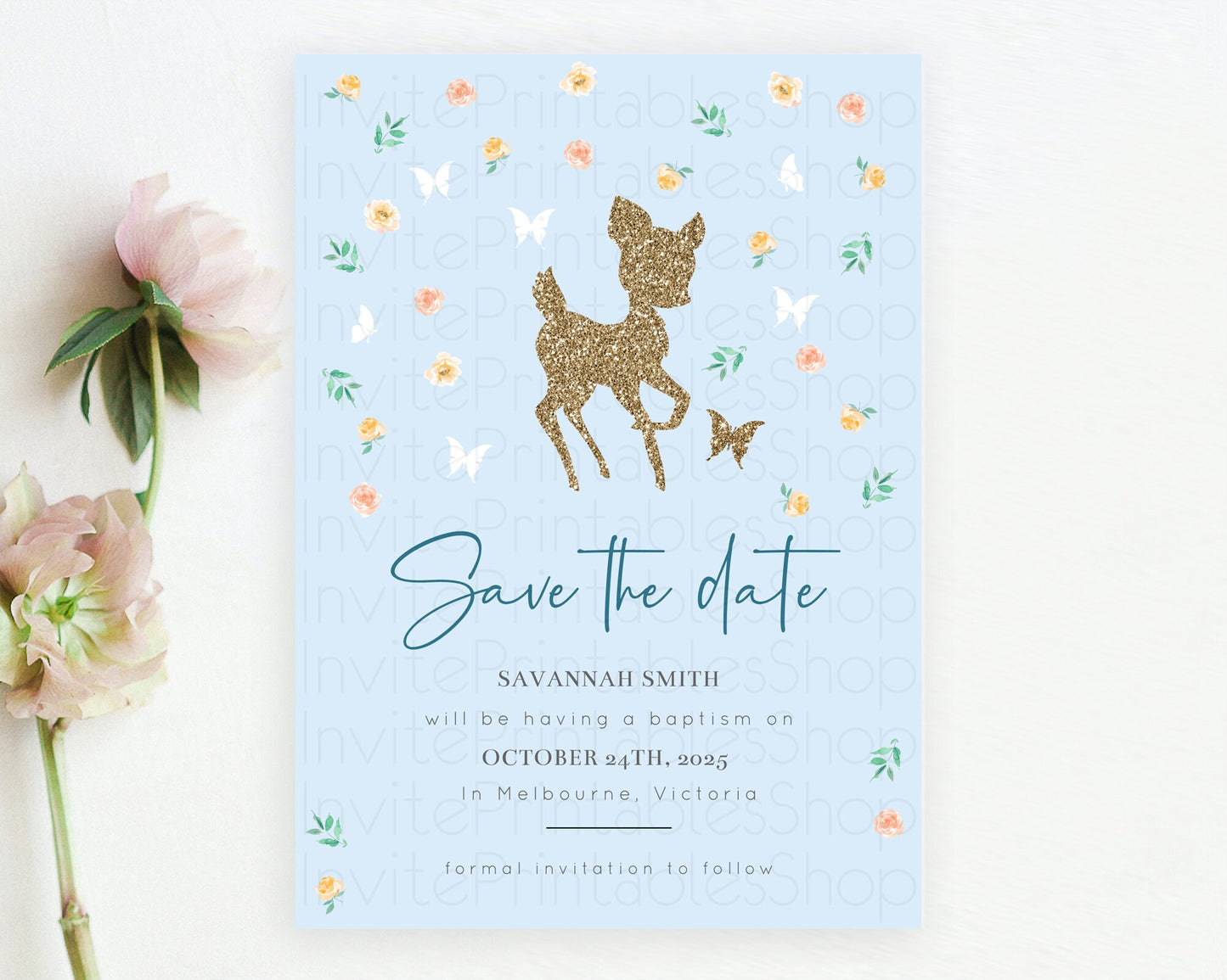 Fawn Deer Save The Date Template Pastel Floral Deer Enchanted Forest Butterfly Party 1st Birthday Baptism Baby Shower Bridal Shower D10902