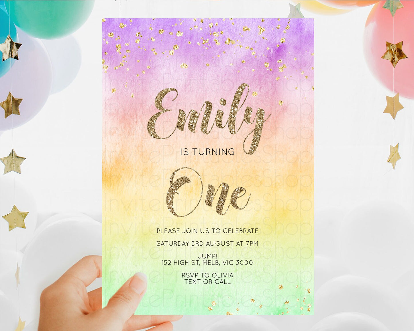 Rainbow Birthday Invitation Colorful Pastel Watercolor Invitation Gold Glitter Sprinkles Ombre Pastel 1st 2nd 3rd Birthday D10512