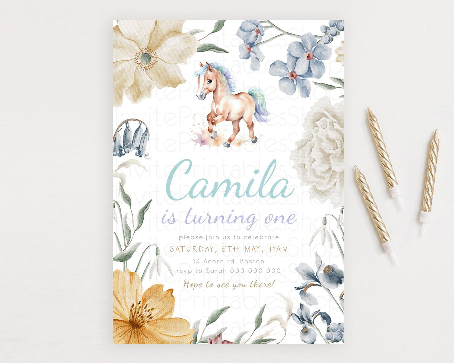 Horse Birthday Invitation, Galloping Wildflower Fields, Pastel Flowers, Butterflies, Flowers Accents for Equestrian & Cowgirls d23376