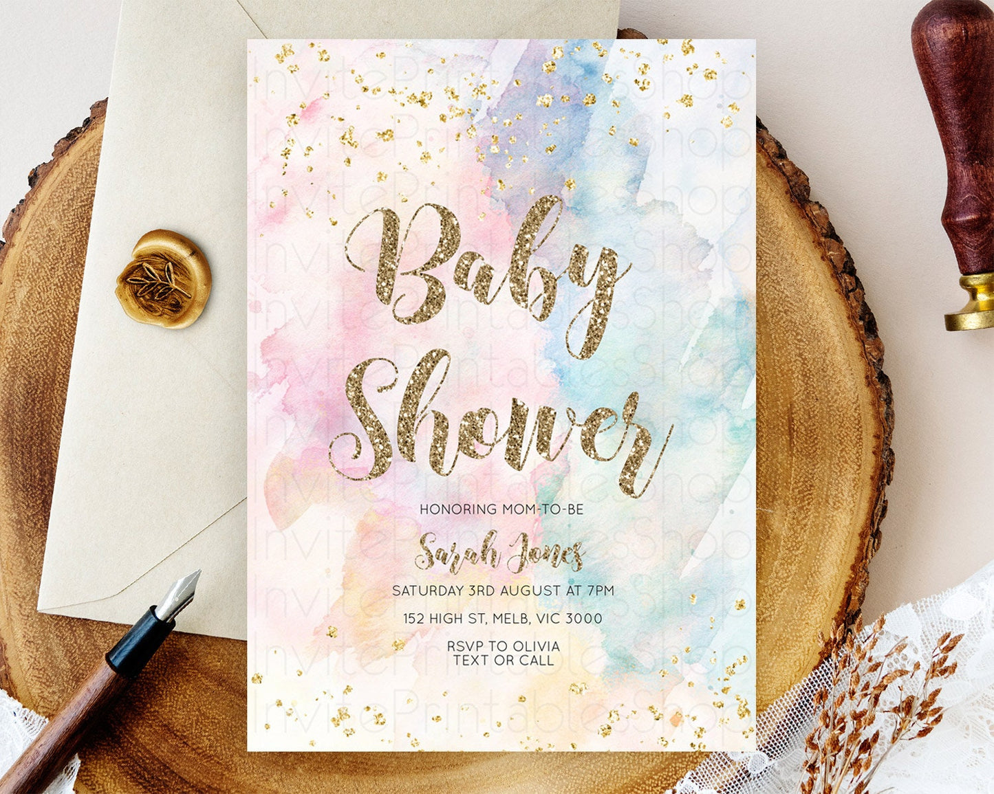 Rainbow Baby Shower Invitation Pastel Watercolor Invitation Colorful Splash Gold Splatter Glitter Foil Sprinkles Confetti Editable D10264