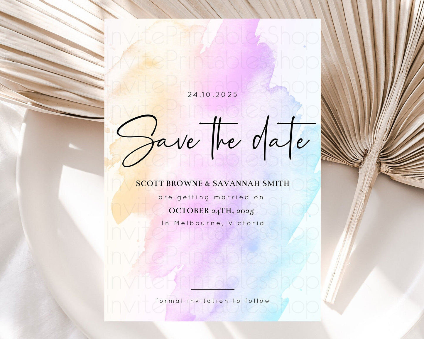 Pastel Save The Date Template Pastel Ombre Rainbow Watercolor Colorful Party For Birthday Baptism Baby Shower Wedding Bridal Shower D10177