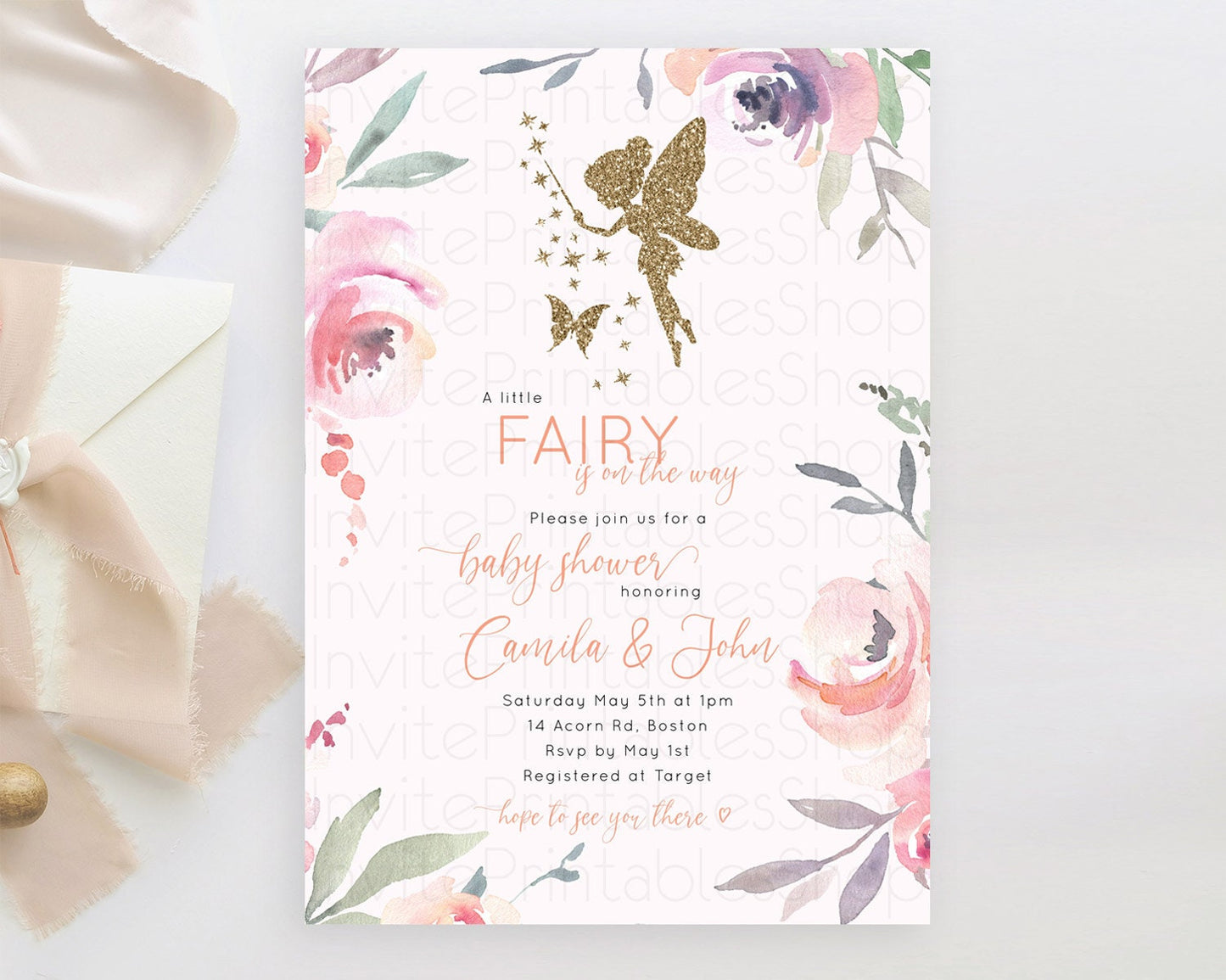 Fairy Baby Shower Invitation: Enchanted Fairy Garden, Secret Garden with Soft Purple Pink Flowers, Glitter Accents, Magical Butterfly D10197