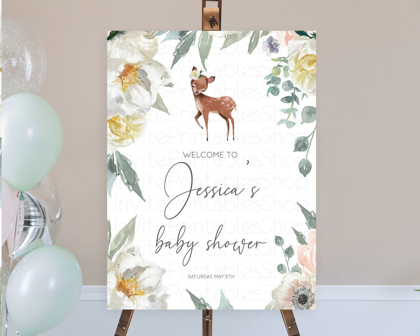 Fawn Baby Shower Welcome Sign Deer Welcome Board Floral Deer Welcome Poster Enchanted Forest Butterfly Pastel Floral Welcome Sign D11030