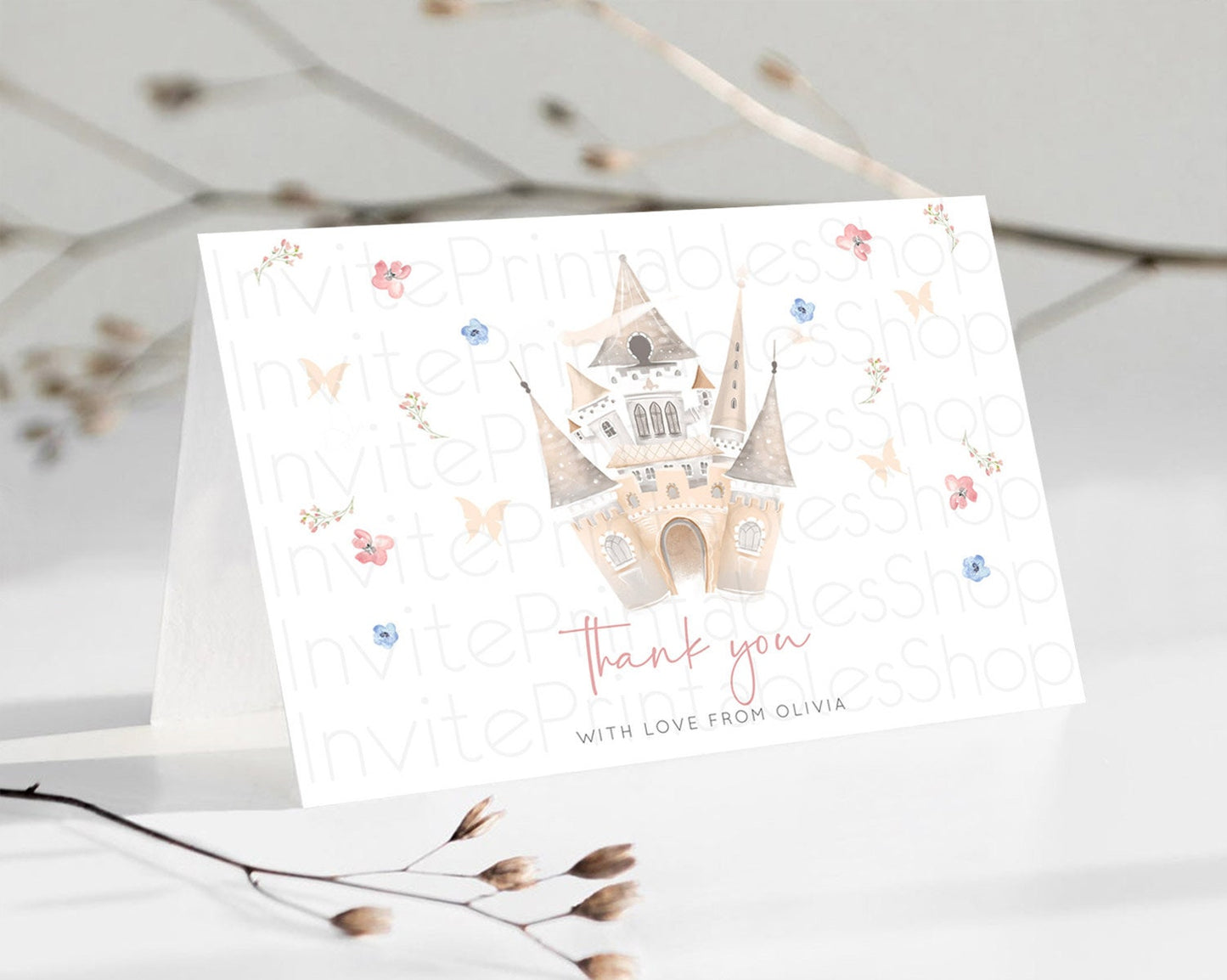 Princess Thank You Castle Thank You Card Secret Garden Birthday Thank You Card Enchanted Castle Pastel Floral Teacher Thank You Card D10364