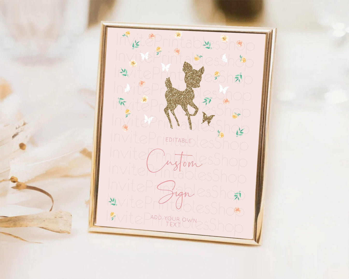 Fawn Deer Sign Pastel Floral Deer Table Sign Decor Enchanted Forest Butterfly Party 1st Birthday Baptism Baby Shower Bridal Shower D10386
