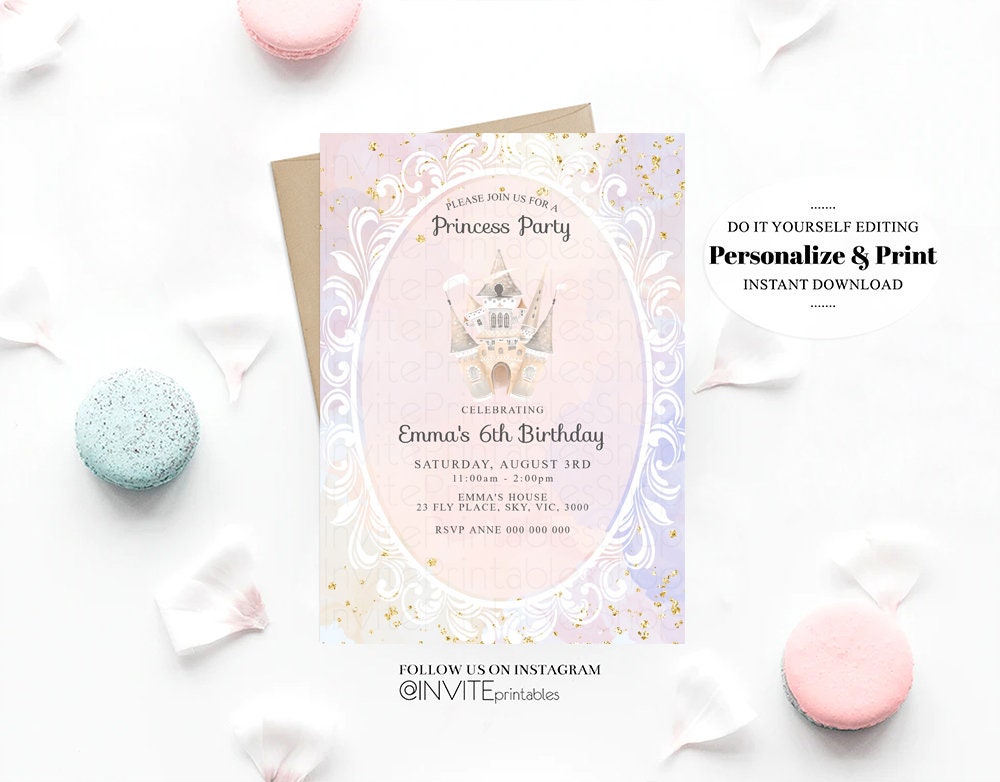 Princess Birthday Invitation Enchanted Castle Invite Royal Celebration Watercolor Mirror Mirror Gold Foil Glitter Purple Editable