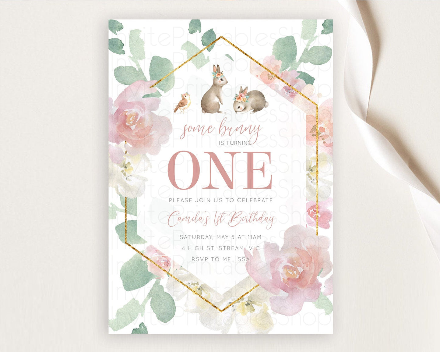 Bunny Birthday Invitation Floral Bunny Invitation Pastel Bunny Invites Pastel Watercolor Woodland Bunny Party 2nd 1st First Birthday D11034