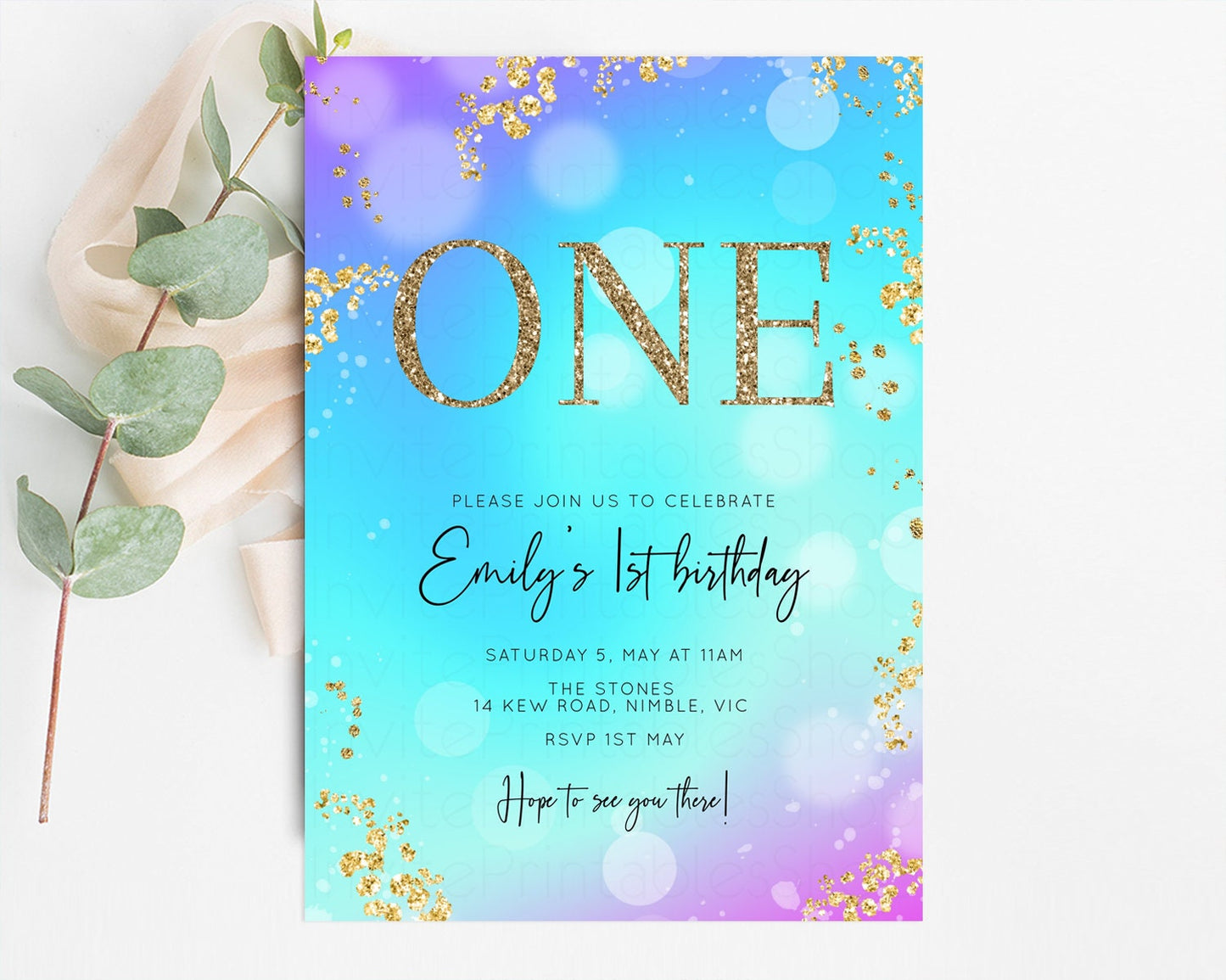 Bright Blue Purple Birthday Invitation Underwater Birthday Invitation Ombre Blue Invite Watercolor Invite Glitter Mermaid Invite 572