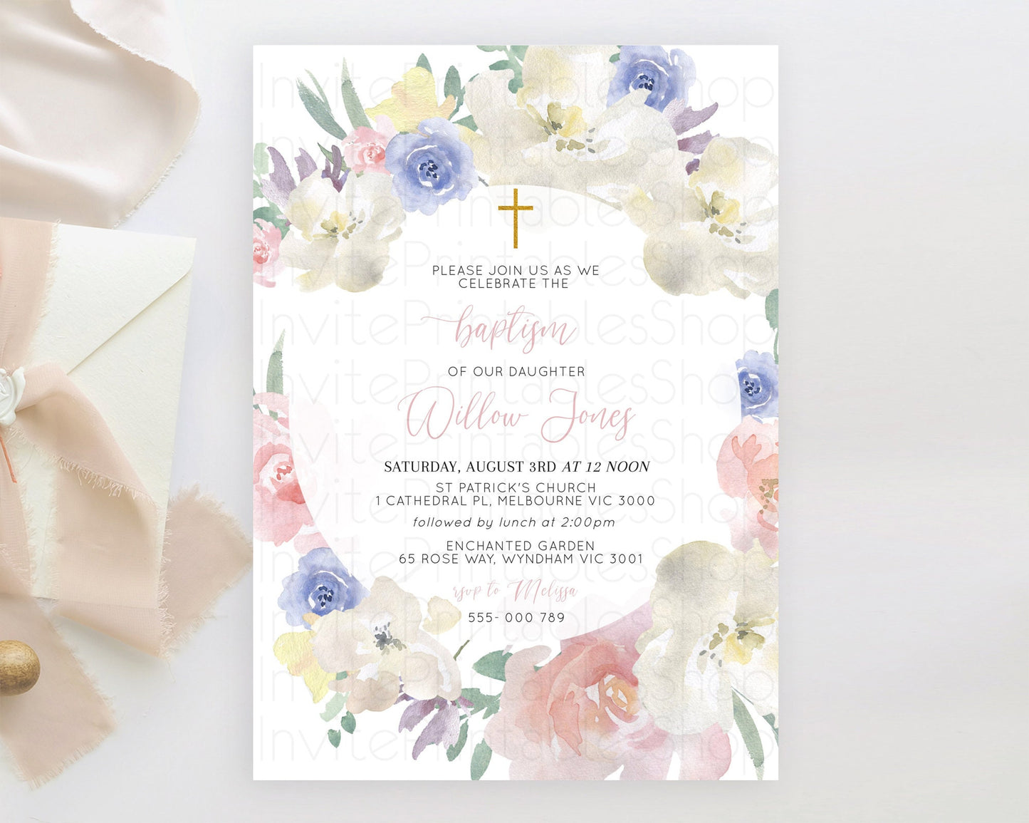 Secret Garden Baptism Invitation Wildflower Baptism Birthday Invite Pastel Flowers Christening Invite Enchanted Garden Boho Floral  D10841