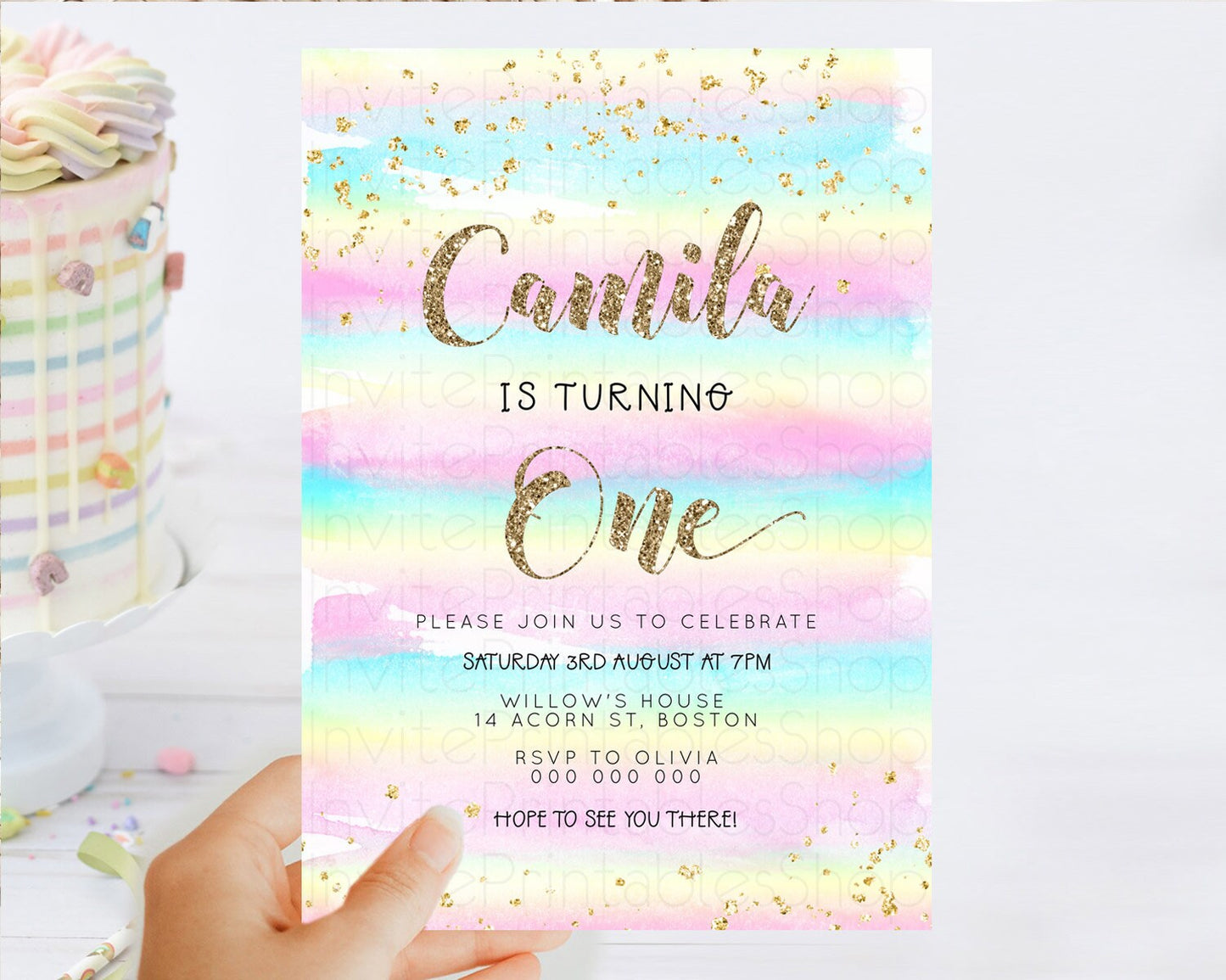 Rainbow Birthday Invitation Colorful Pastel Watercolor Invitation Gold Glitter Sprinkles Ombre Pastel 1st 2nd 3rd Birthday D23265