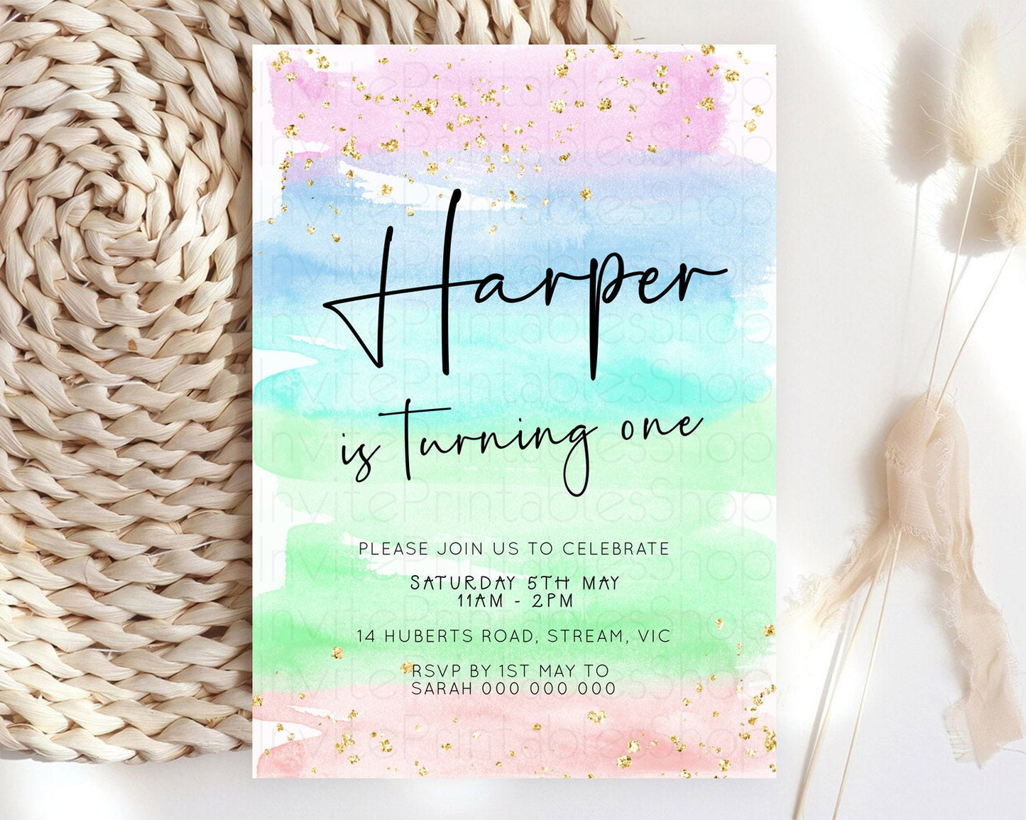 Pastel Birthday Invitation Ombre Watercolor Birthday Invitation Glitter Rainbow Color Splash 1st 2nd 3rd Birthday Invitation D23042