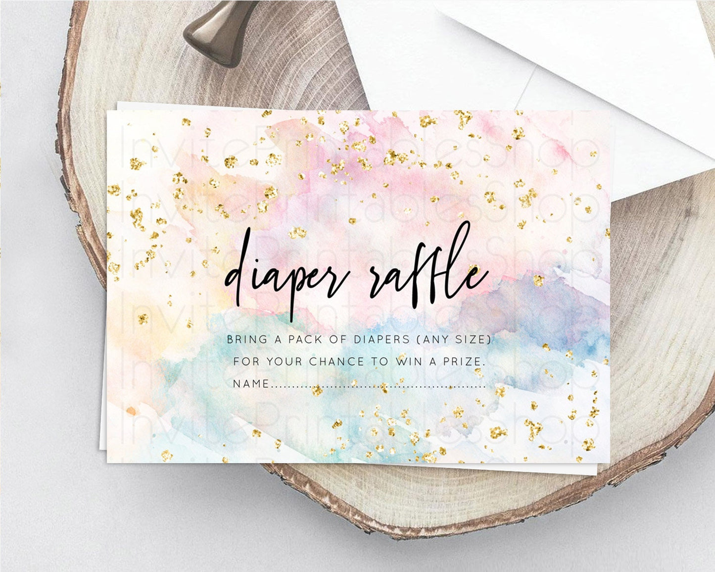 Pastel Diaper Raffle Card Pastel Rainbow Diaper Raffle Insert Colorful Ombre Watercolor Diaper Ticket Confetti Glitter Raffle Game D10276