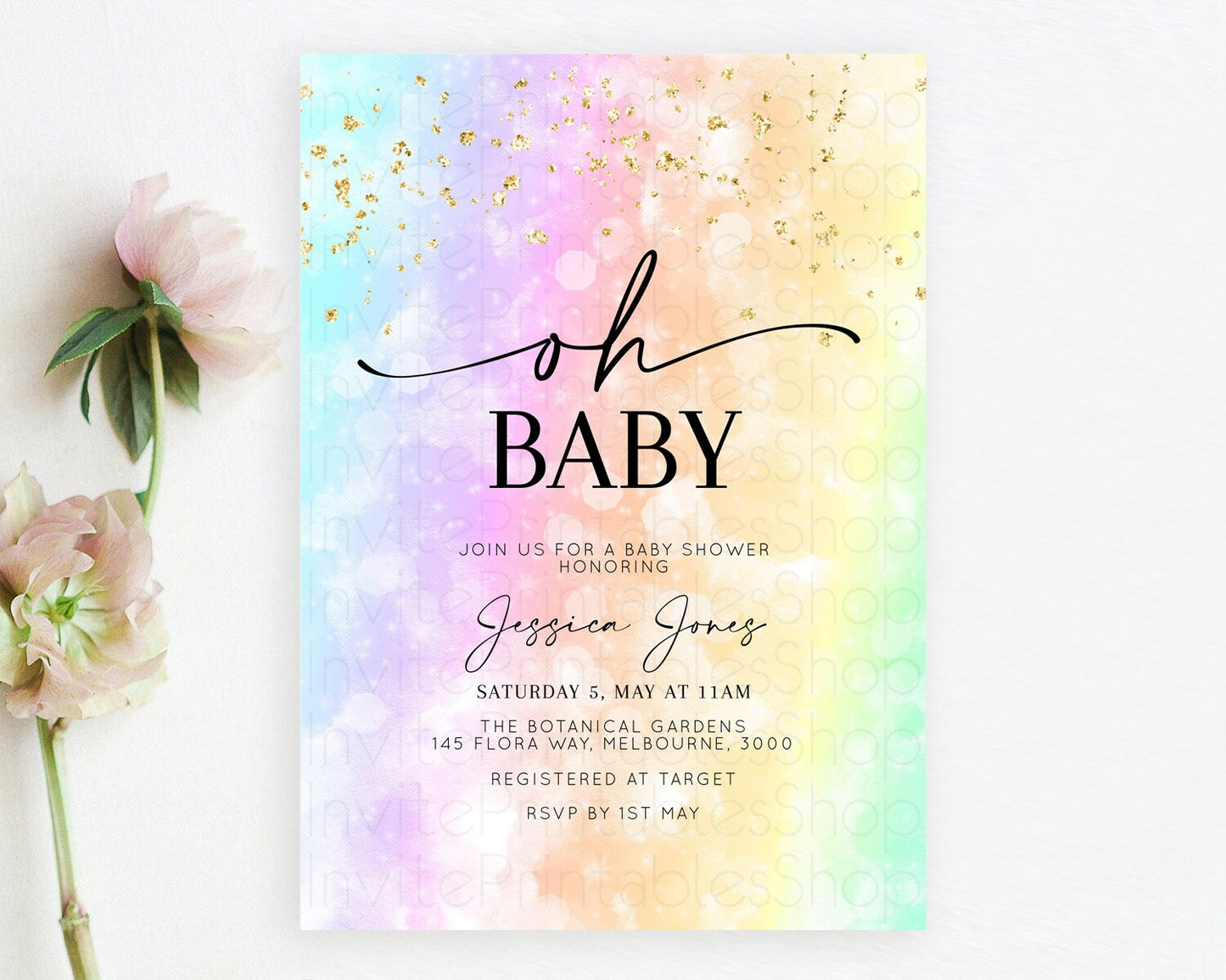 Pastel Watercolor Baby Shower Invitation with Iridescent & Gold Glitter Sprinkles, Ombre Effect - Teal, Purple, Yellow, and Green D10647
