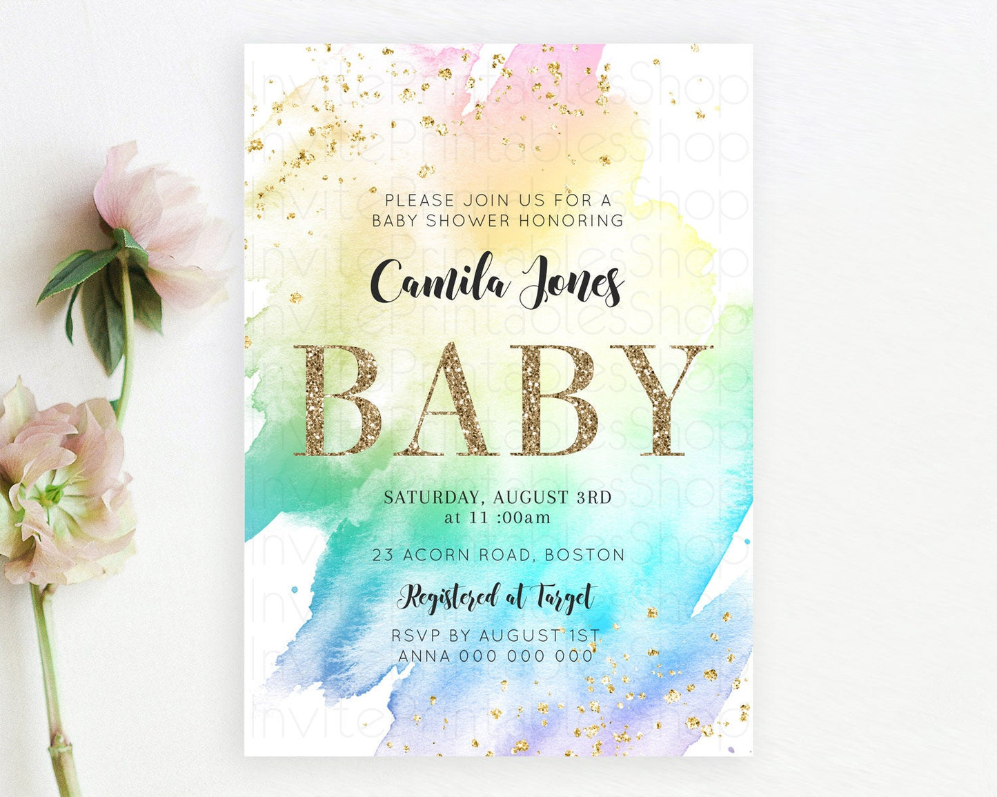 Pastel Rainbow Baby Shower Invitation with Gold Glitter Sprinkles, Colorful Watercolor Ombre Theme in Pink, Yellow, Blue, and Purple D10256