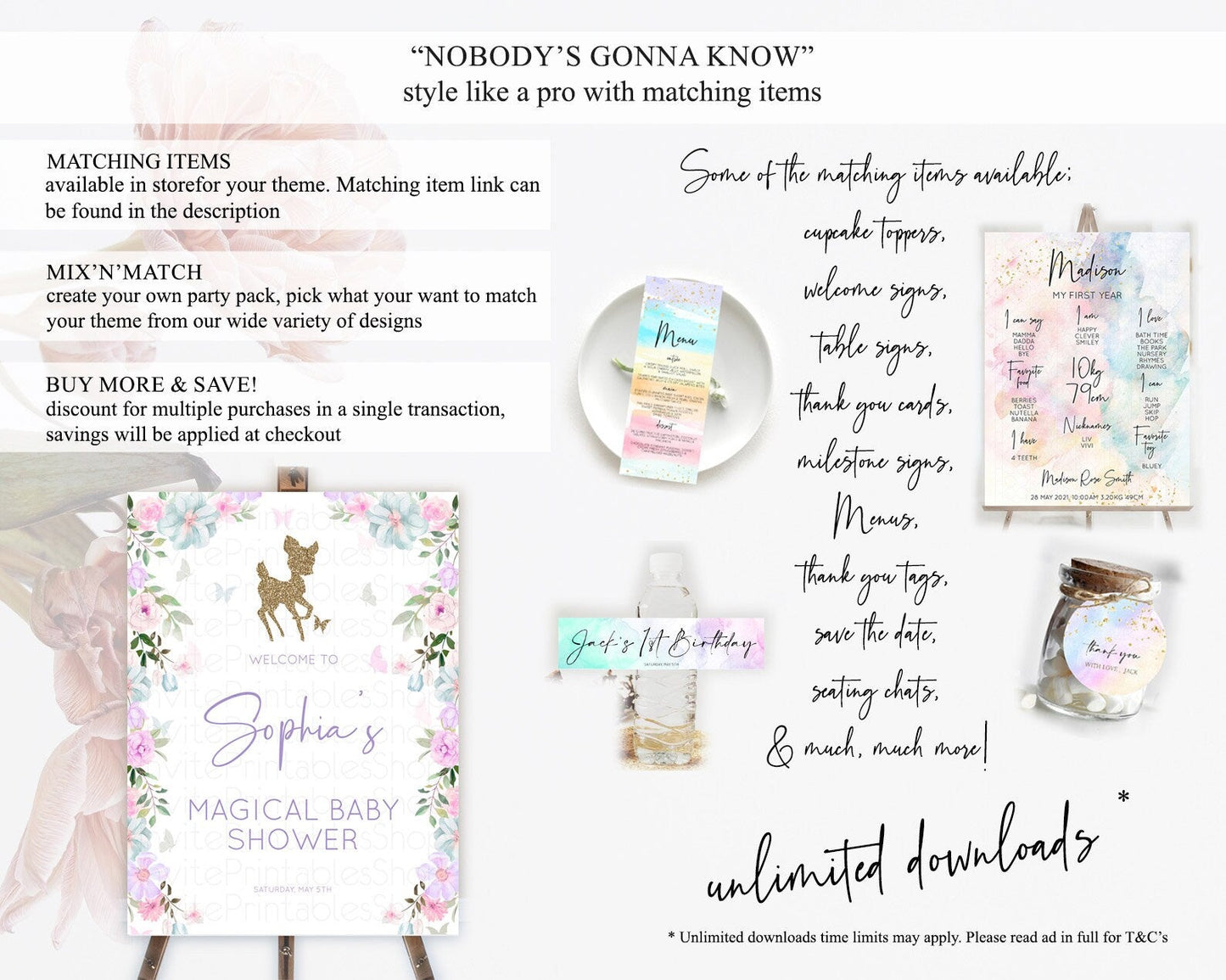 Fawn Baby Shower Welcome Sign Deer Welcome Board Floral Deer Welcome Poster Enchanted Forest Butterfly Pastel Floral Welcome Sign D10476
