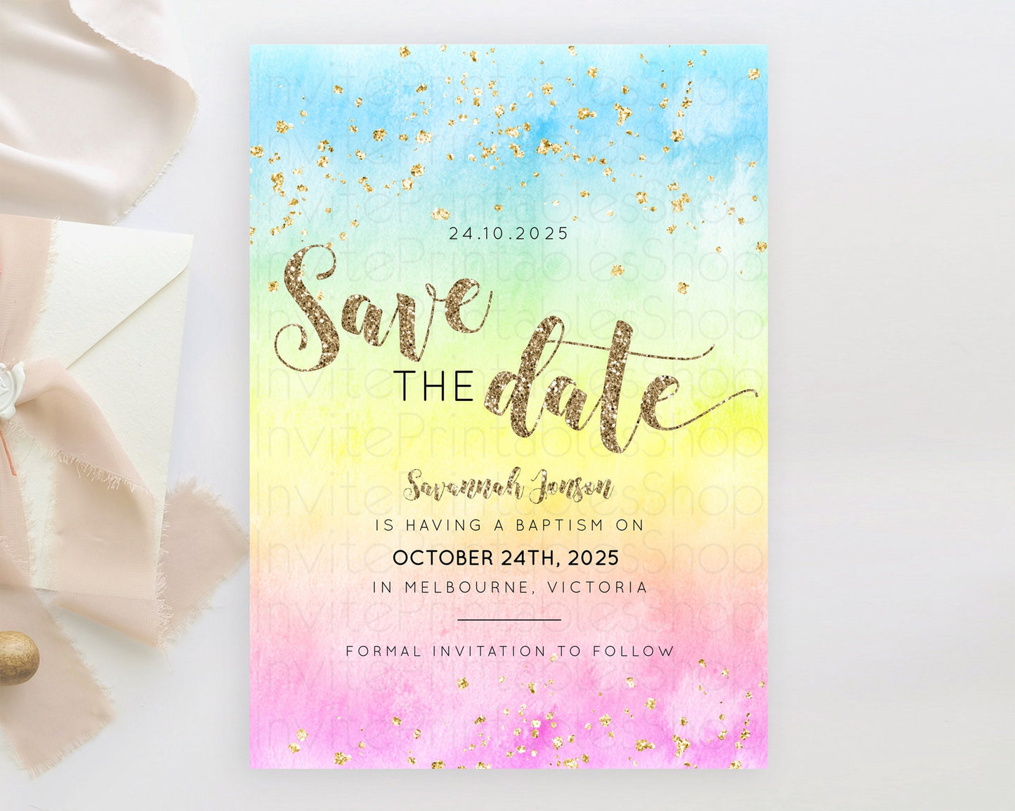 Pastel Save The Date Template Pastel Ombre Rainbow Watercolor Colorful Party For Birthday Baptism Baby Shower Wedding Bridal Shower D10479