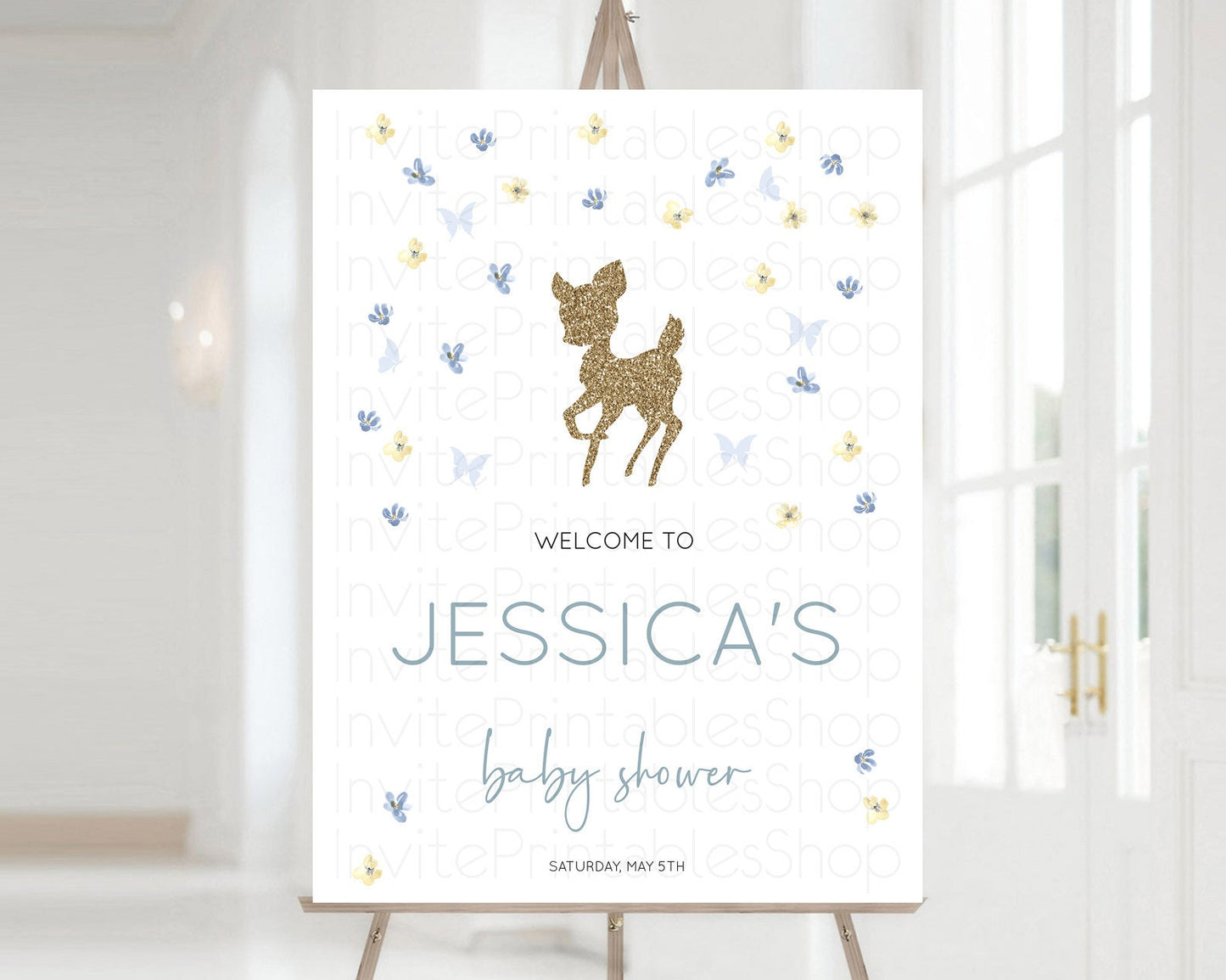 Fawn Baby Shower Welcome Sign Deer Welcome Board Floral Deer Welcome Poster Enchanted Forest Butterfly Pastel Floral Welcome Sign D10864