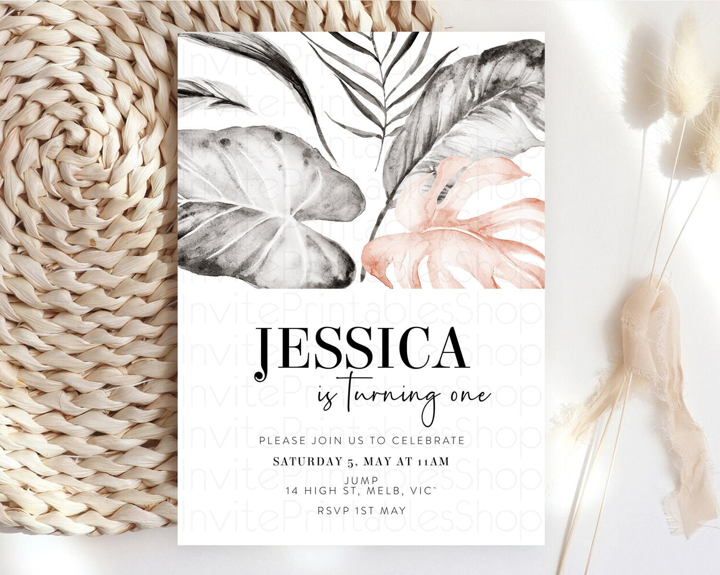 Tropical Invitation Tropical Birthday Invitation Tropical Floral Invitation Palm Leaf Fern Invite Frangipani White Orchid Invitation D11065