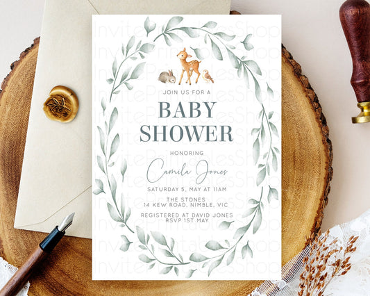 Fawn Baby Shower Invitation, Enchanted Forest, Whimsical Deer, Cute Bunny And Bird, Woodland, Leafy Crown, Organic Green Tone D10872