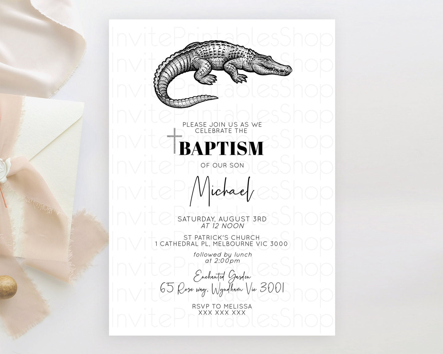 Crocodile Baptism Invitation Alligator Baptism 1st Birthday Invitation Later Alligator Swamp Safari Crocodile Christening Invitation D10286