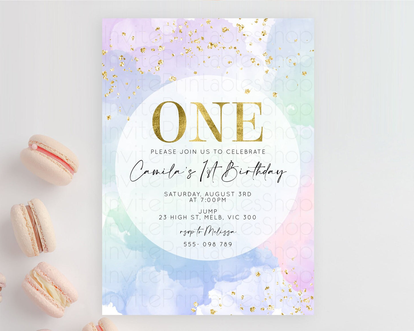 Rainbow Birthday Invitation Colorful Pastel Watercolor Invitation Gold Glitter Sprinkles Ombre Pastel 1st 2nd 3rd Birthday D10624