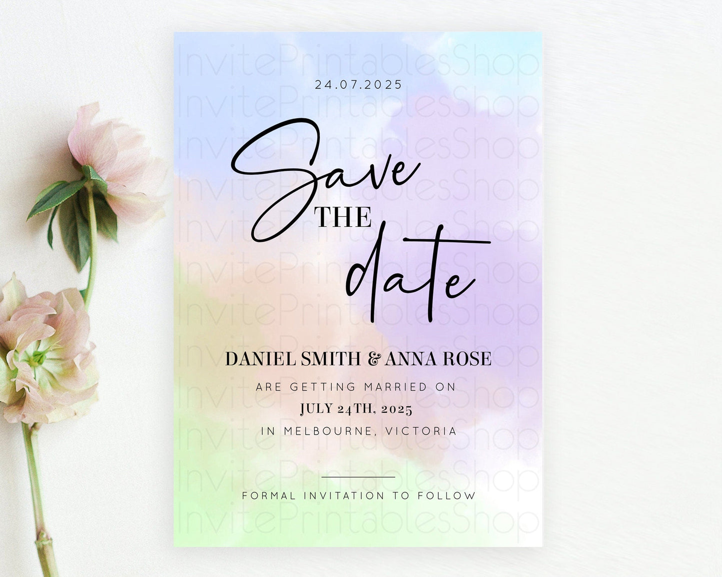Pastel Save The Date Template Pastel Ombre Rainbow Watercolor Colorful Party For Birthday Baptism Baby Shower Wedding Bridal Shower D10371