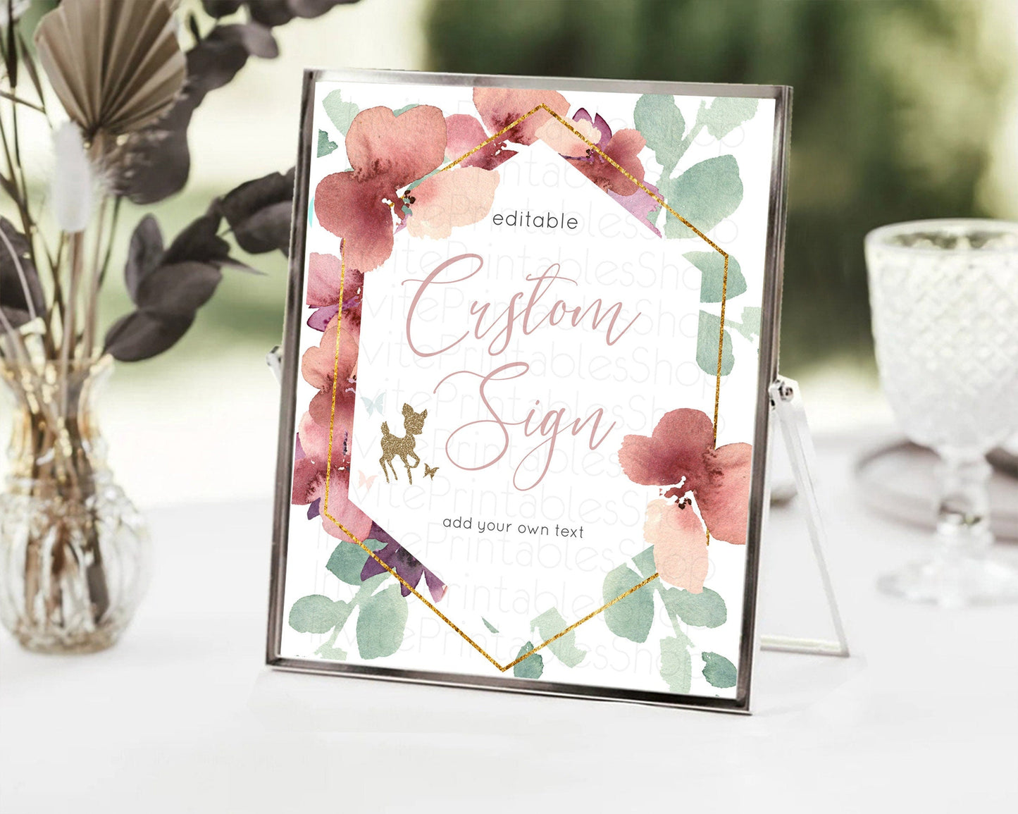 Fawn Deer Sign Pastel Floral Deer Table Sign Decor Enchanted Forest Butterfly Party 1st Birthday Baptism Baby Shower Bridal Shower D10459